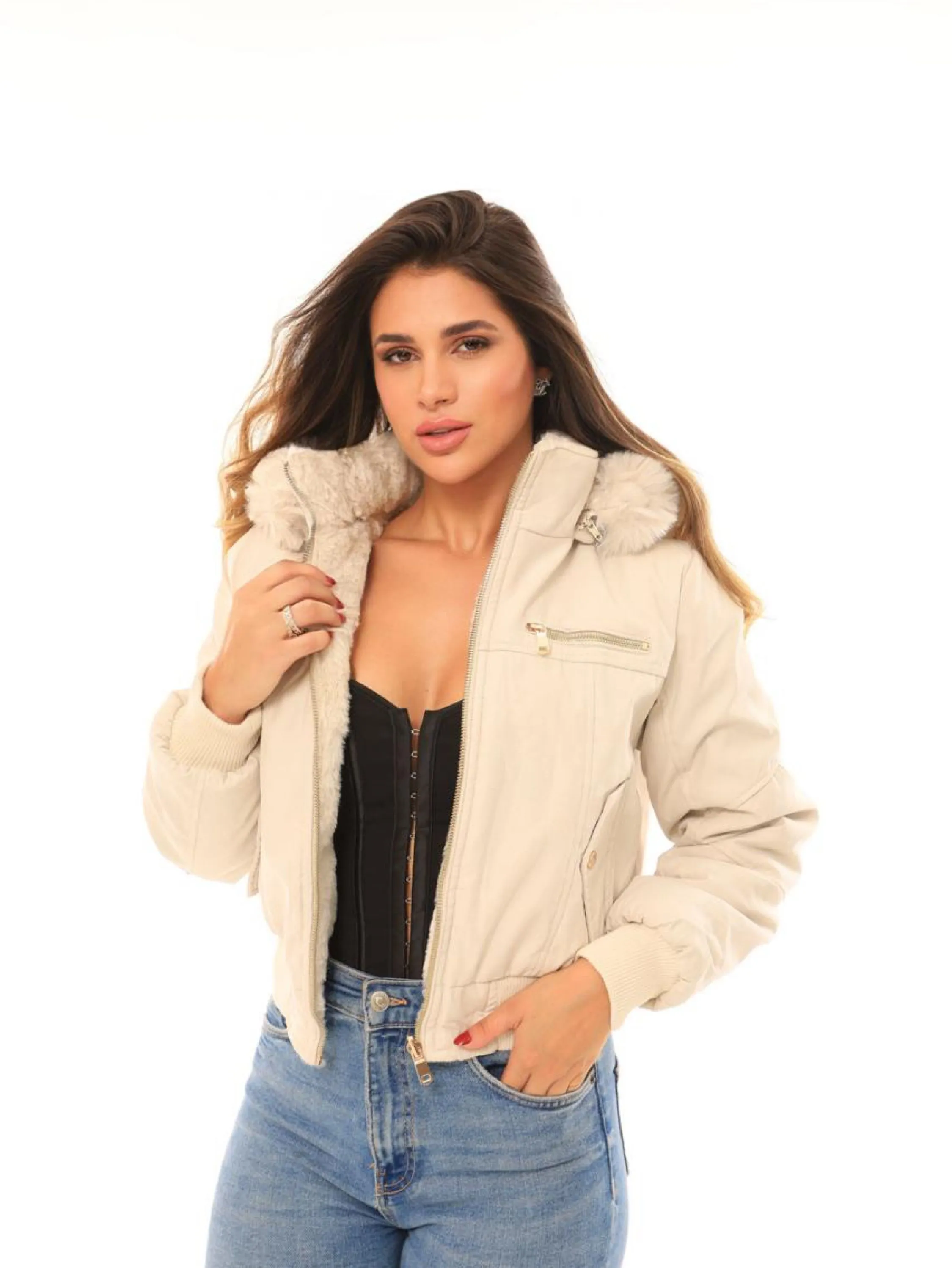 Jaqueta de Frio Feminina de Sarja  Dupla Face com Capuz Moda Blogueira Elegante de Inverno Tendência - MR2418