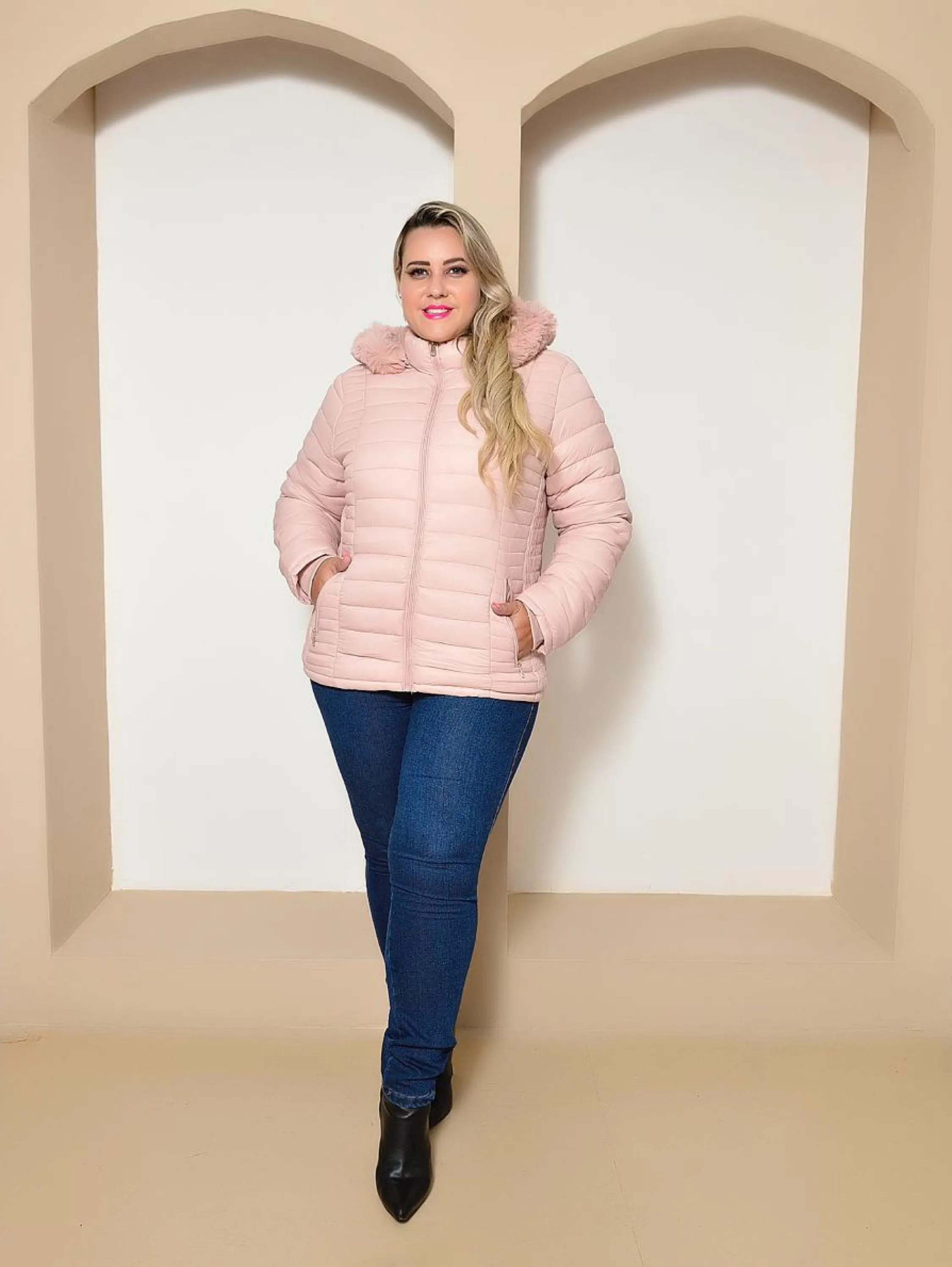 Jaqueta feminina Plus Size Elegante confortável de Nylon forrada de inverno moda 2024 - PlussizeRosa