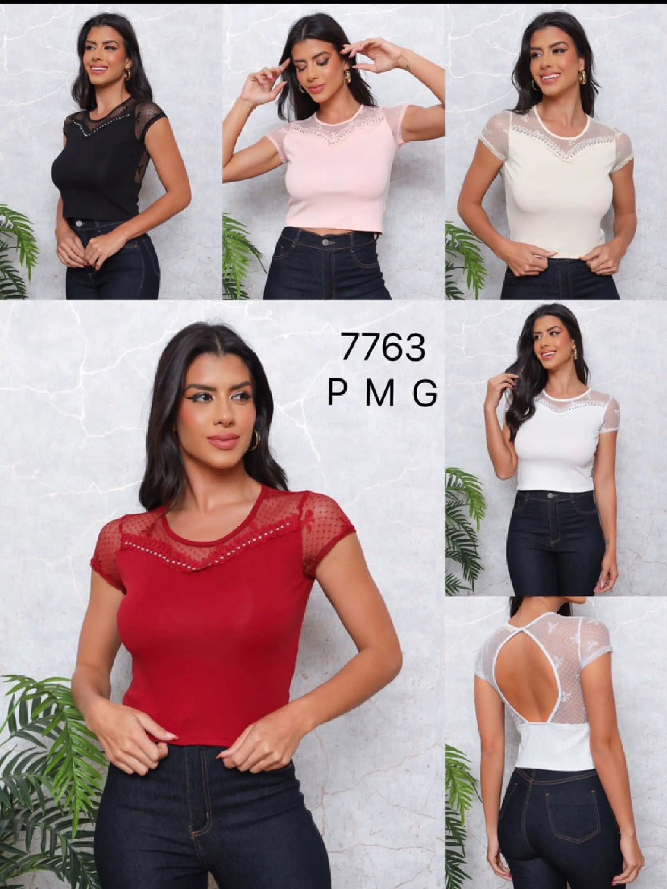 Onsay Camiseta Painel de renda contrastante Malhado/7763