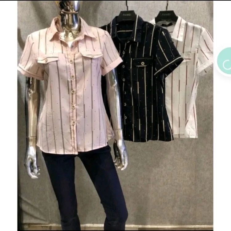 camisa solta listradas feminina social manga curto com bolso tem botões moda feminina tendência verão  # MZ956#