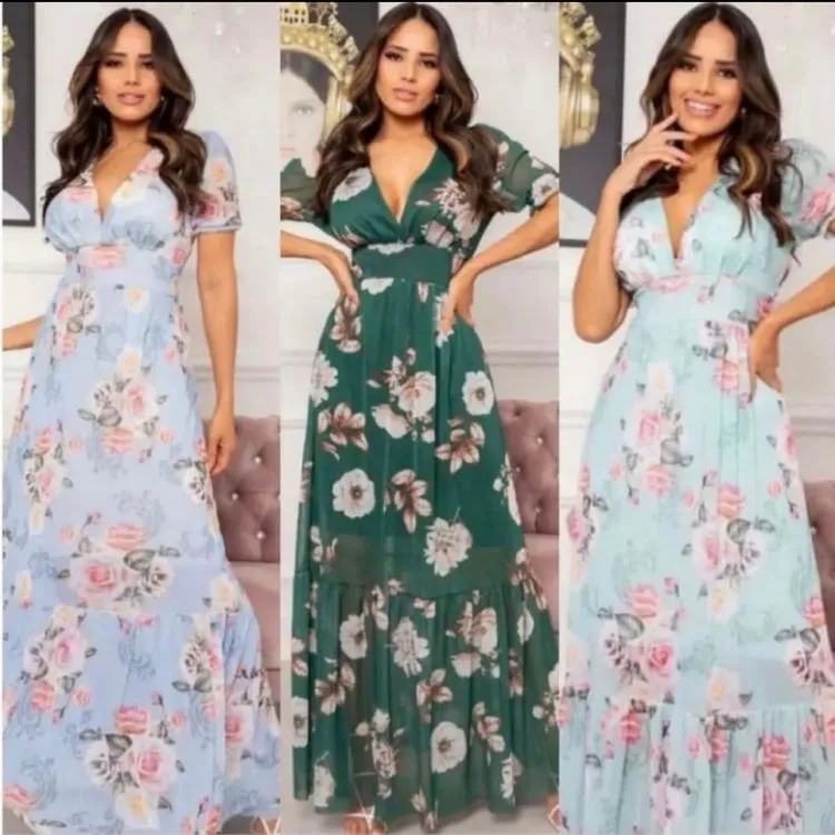 Vestido longo manga curta estampado tule moda feminina