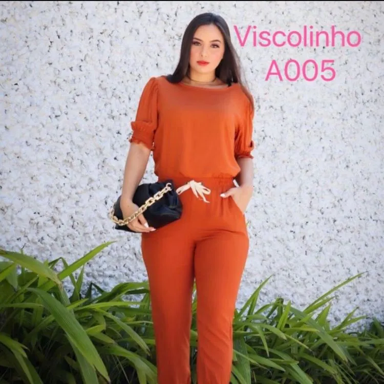 Conjunto blusa manga curta com calça de viscolinho moda feminina