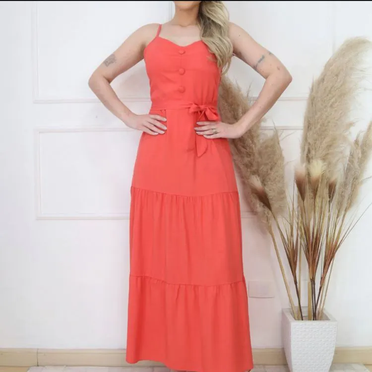 Vestido longo com alcinha viscolinho moda feminina