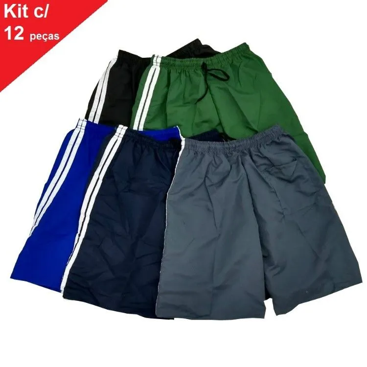 Kit 12 Short Tactel masculino com elástico G1 ao G3