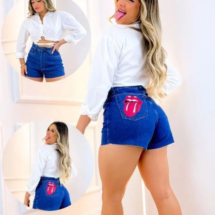 hort jeans básico estampa Rolling Stones do verão moda blogueira short 100% jeans