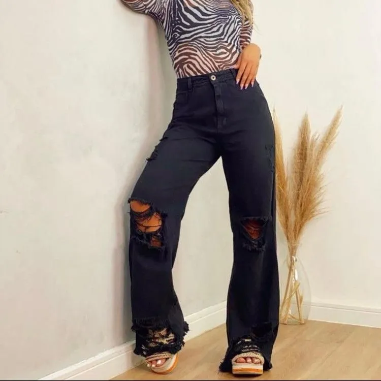 Calça jeans Wide leg preta Destroy despojado moda blogueira 100% jeans