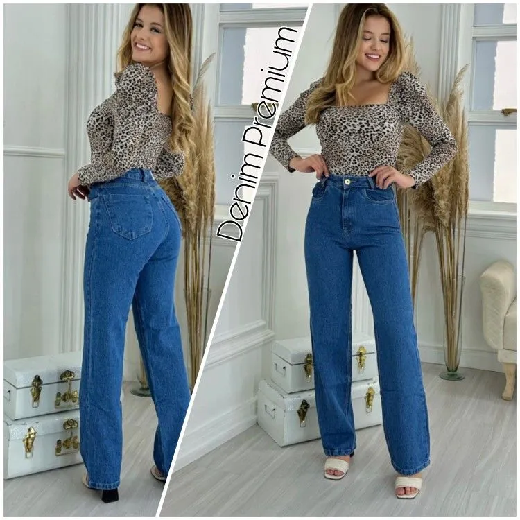 Wide leg azul lisa denim Premium