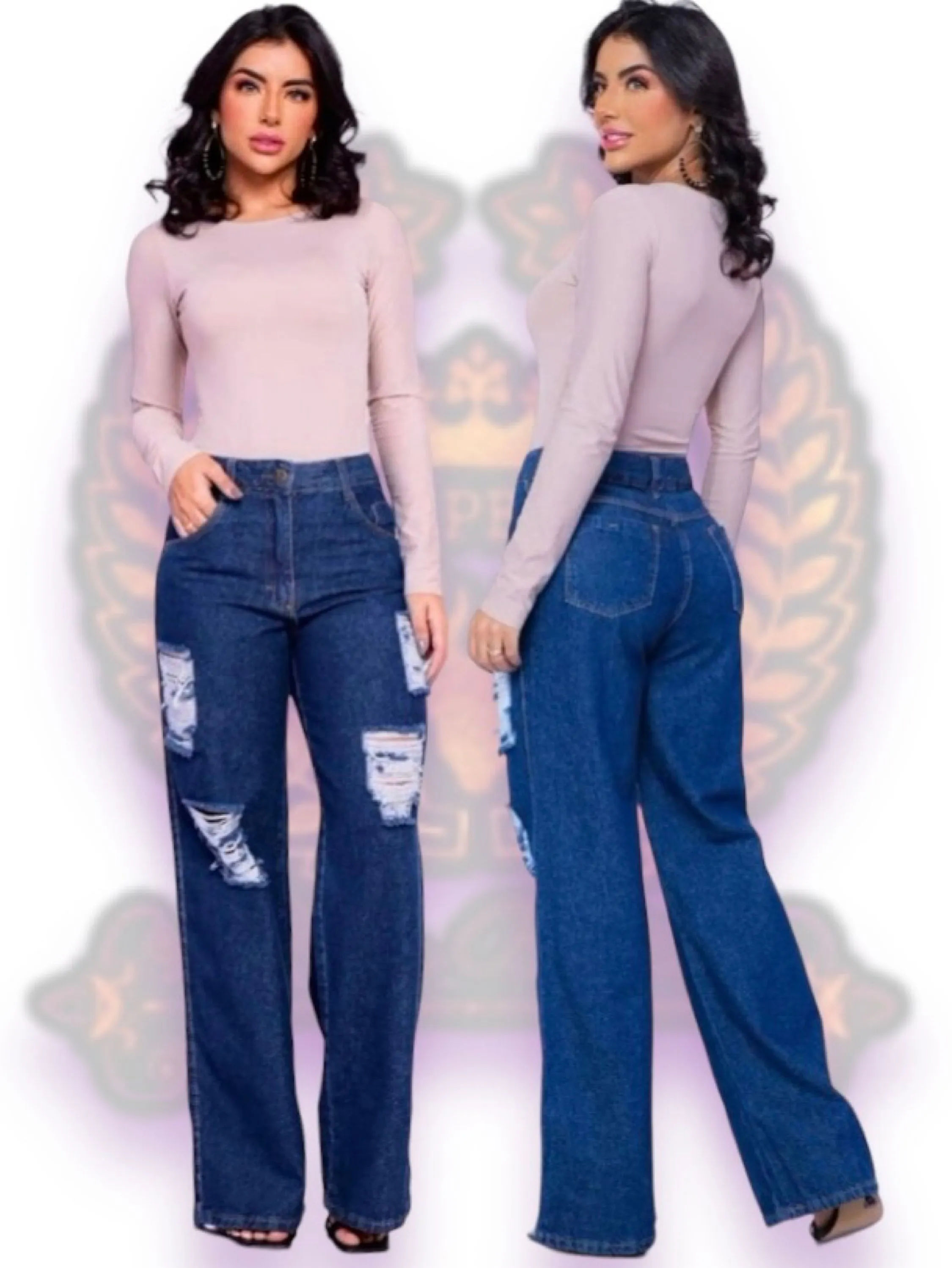 Wide leg calça jeans feminina ( paul_a_beatri_z_jeans)(2050)