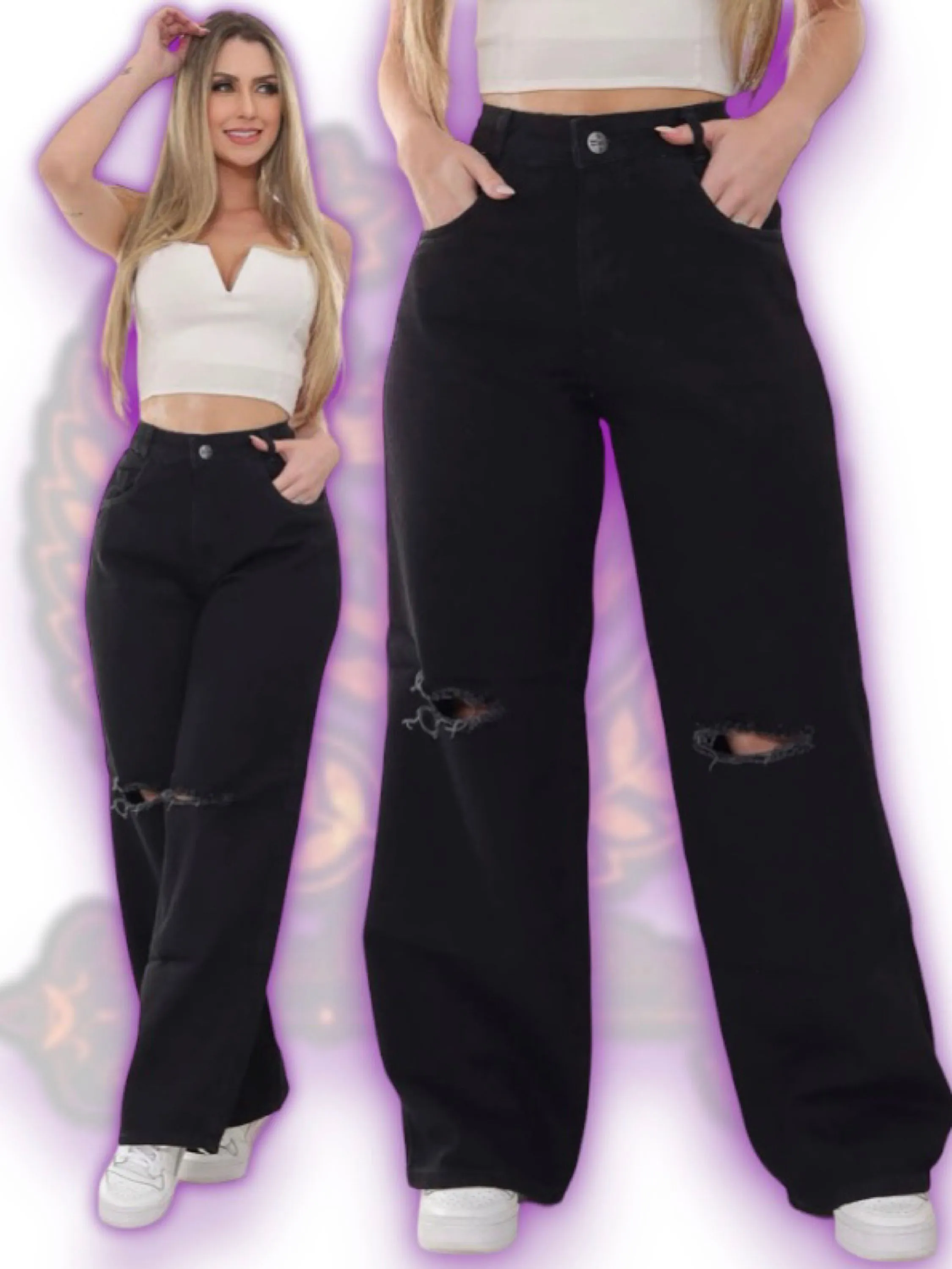 Wide leg  black preta jeans feminina sem lycra  rasgada no joelho Paul_a_beatri_z_jeans (2025)