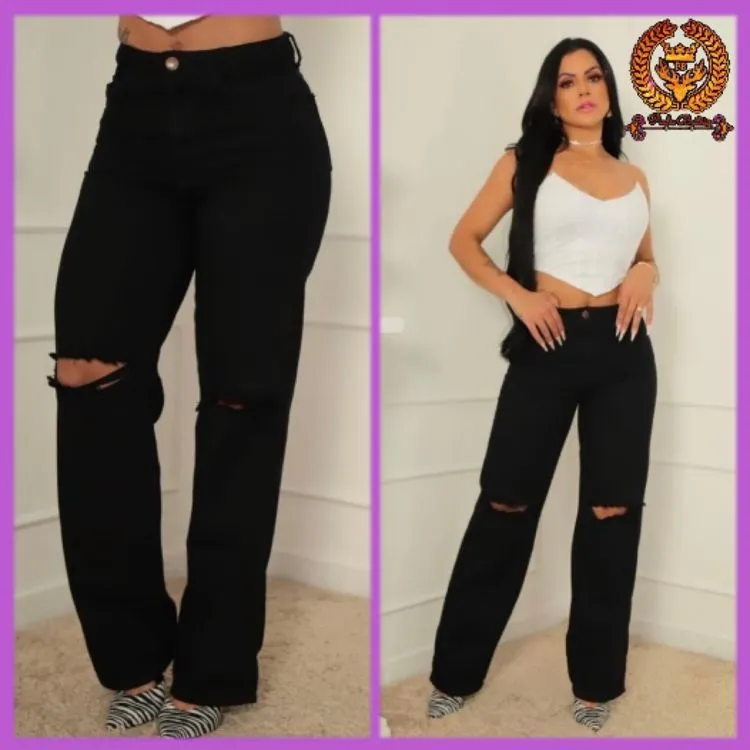 Wide leg  black preta jeans feminina sem lycra  rasgada no joelho Paul_a_beatri_z_jeans