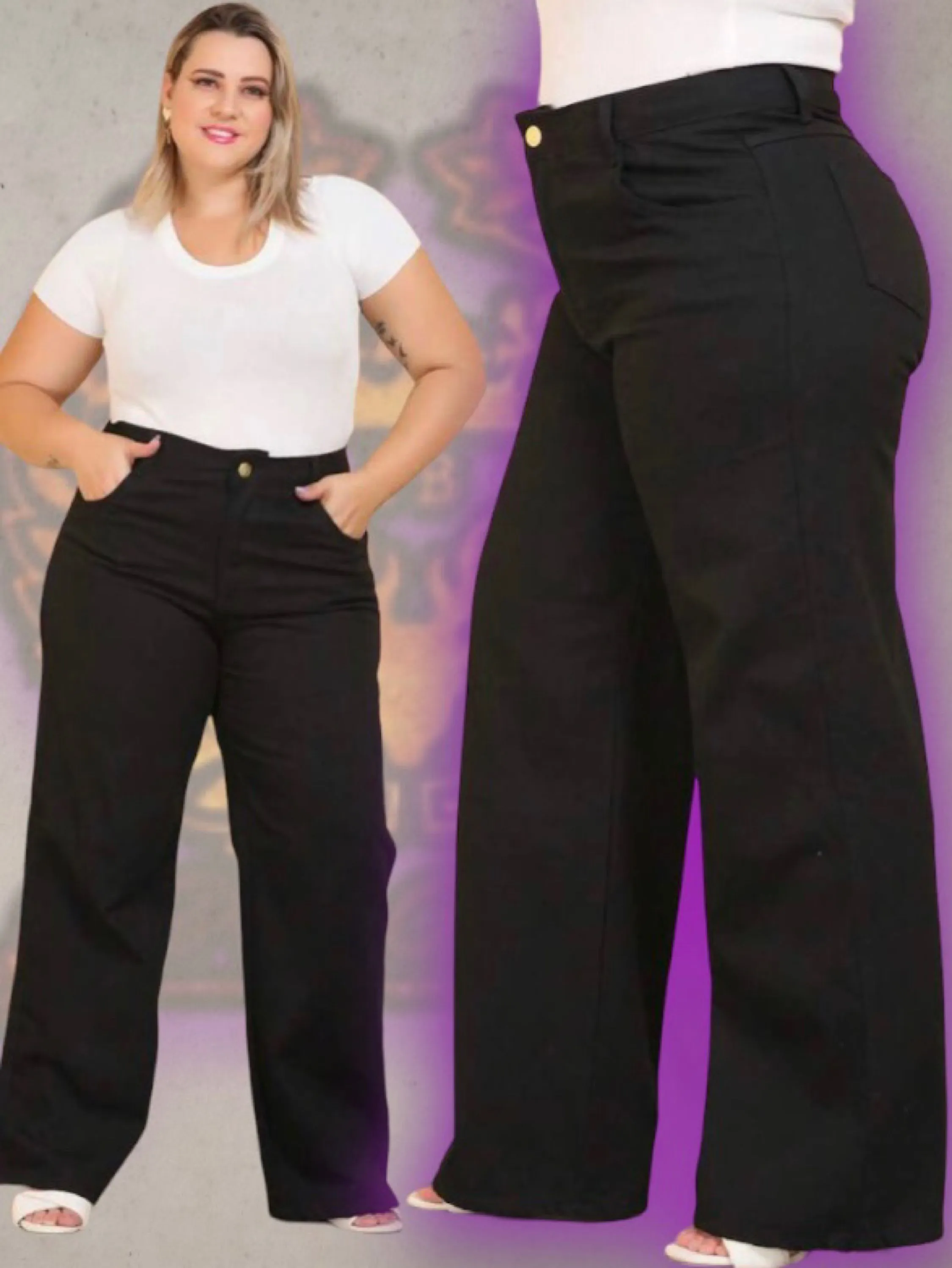 Plus size jeans wide leg  black calça feminina paul_a_beatri_z_jeans