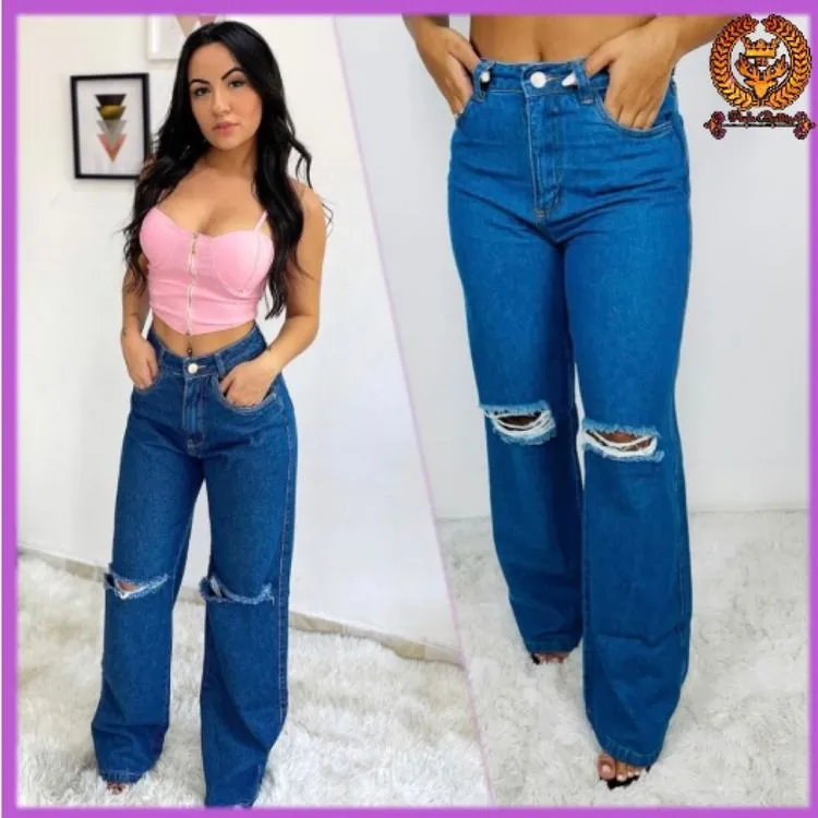 Wide leg calça jeans feminina sem lycra rasgada no joelho fabricante Paul_a_beatri_z_jeans