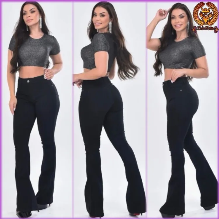 Calça flare jeans  Preta com lycra Paul_a_beatri_z_jeans