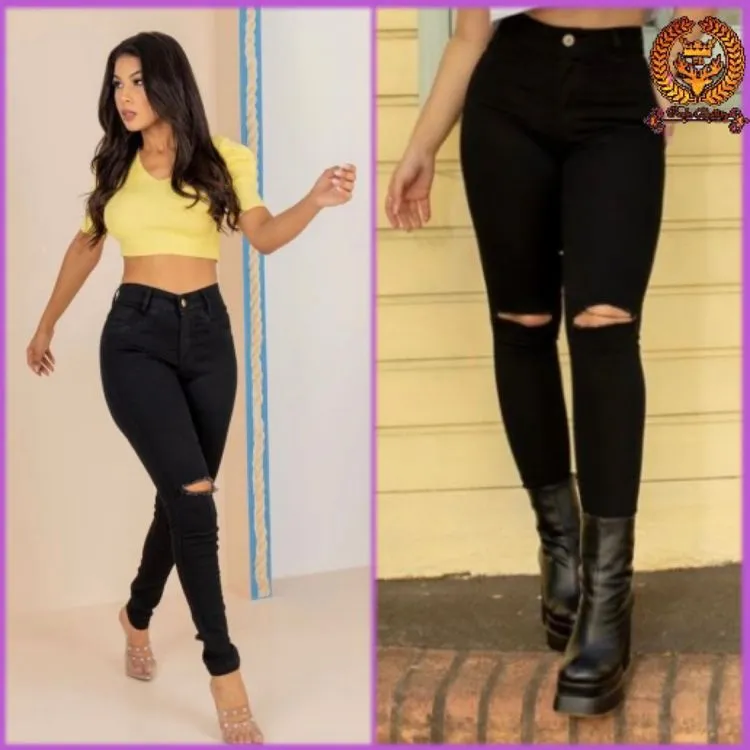 Calça jeans preto  rasgada no joelho feminina com lycra  Paul_a_beatri_z_jeans