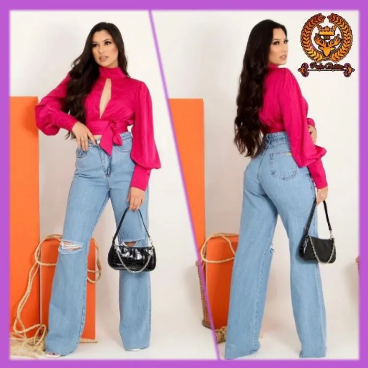 Wide leg calça jeans feminina sem lycra rasgada no joelho fabricante Paul_a_beatri_z_jeans