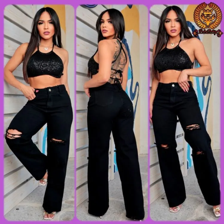 Wide leg preta  black jeans feminina sem lycra  rasgada no joelho Paul_a_beatri_z_jeans