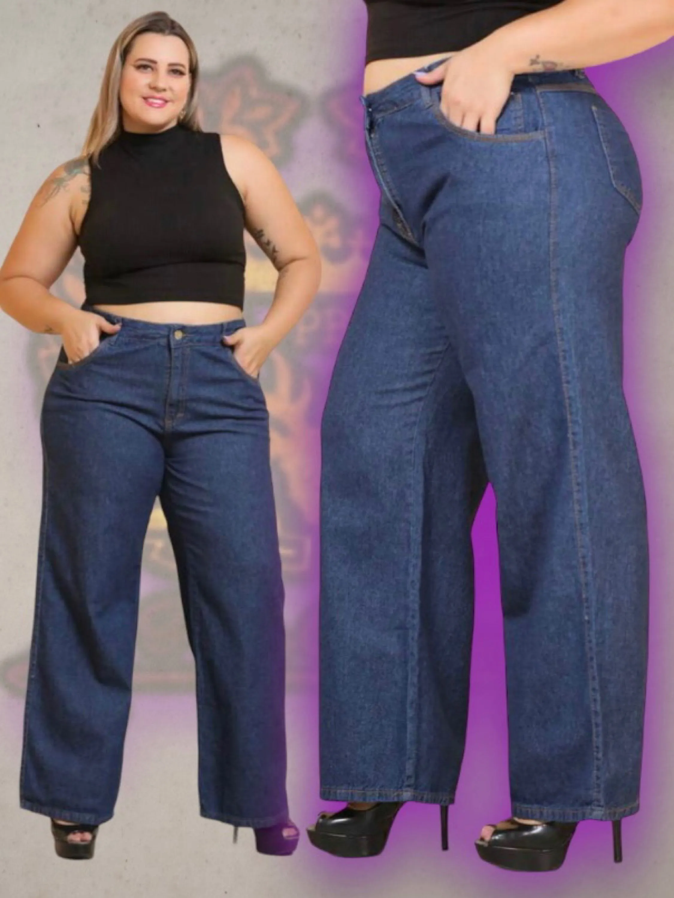 Plus size jeans wide leg  calça feminina paul_a_beatri_z_jeans