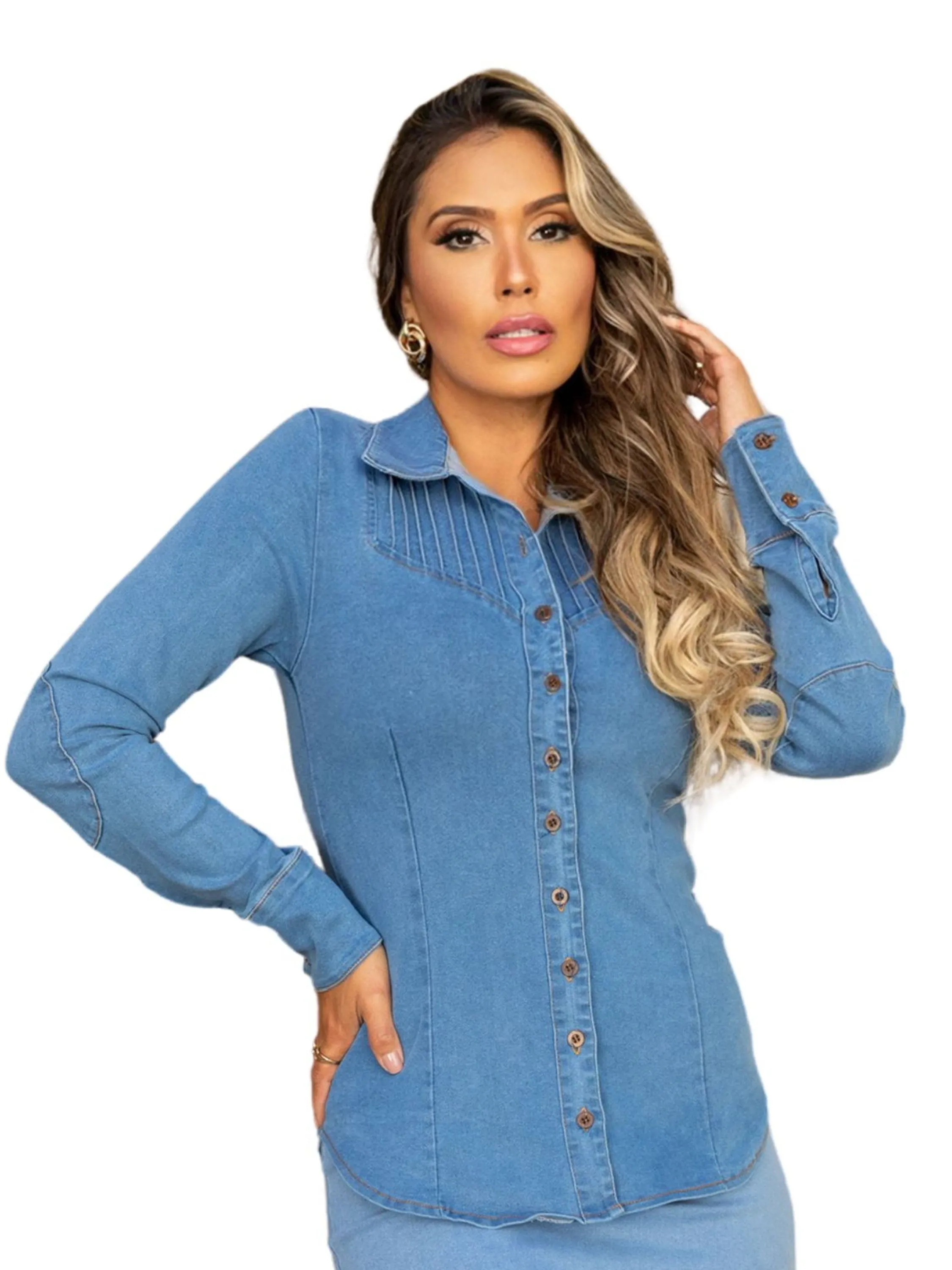 CAMISA JEANS FEMININA DETALHE DRAPEADO NO BUSTO|MODA EVANGÉLICA