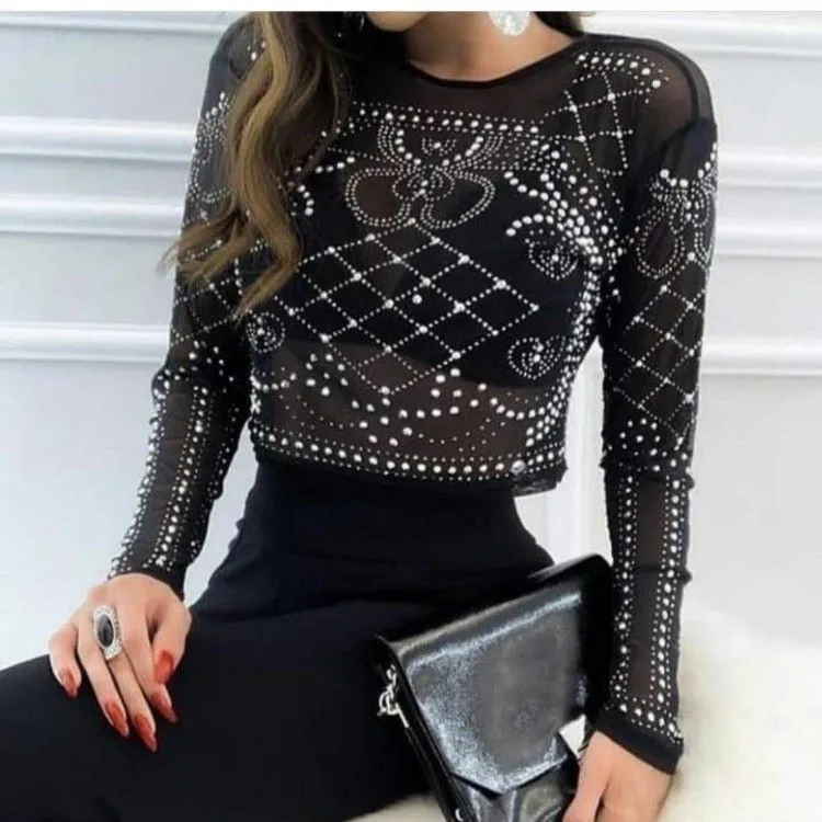 Blusa Cropped Tule Manga Tule com Aplique
