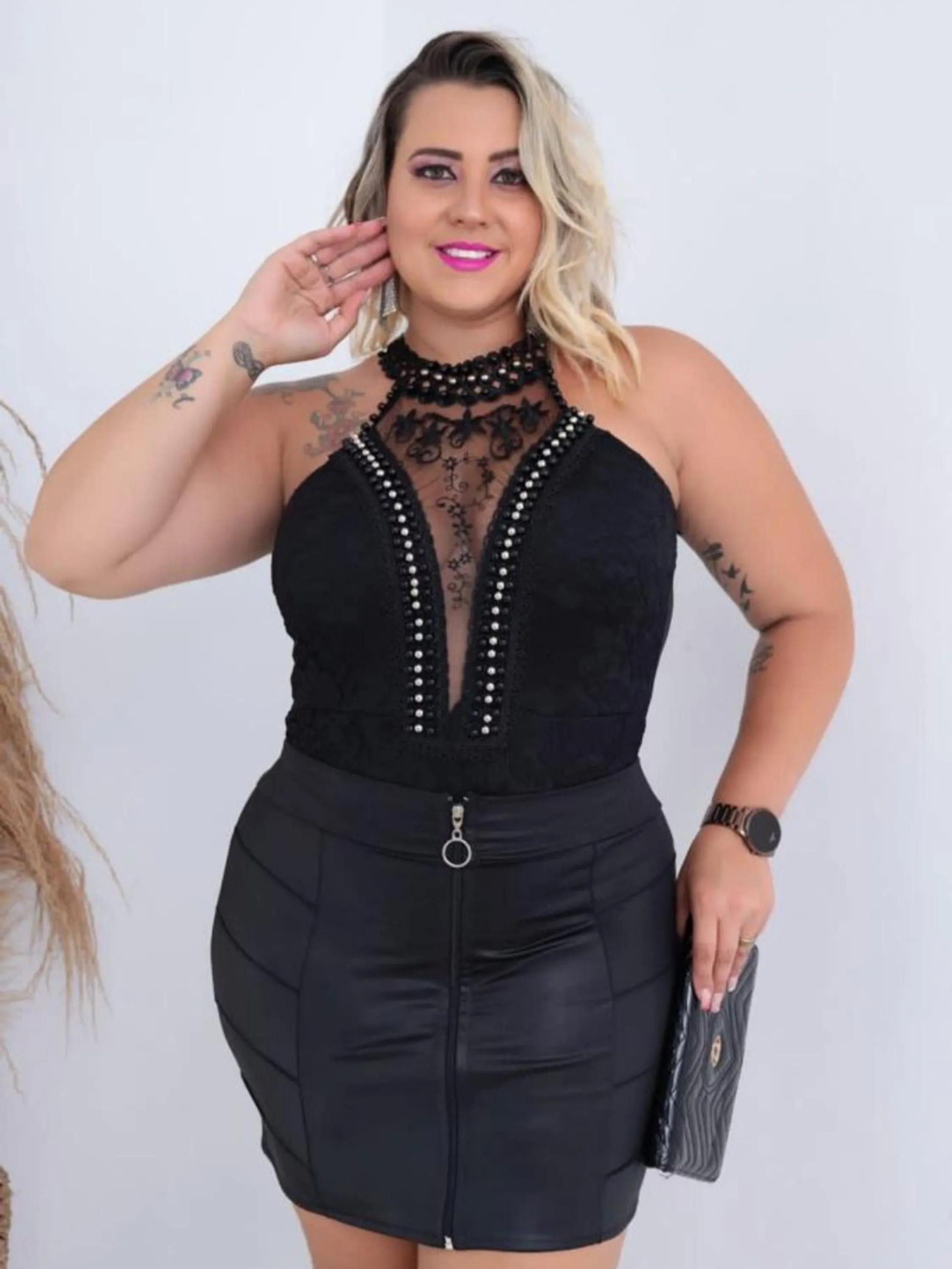 Body Renda com Perola Plus Size