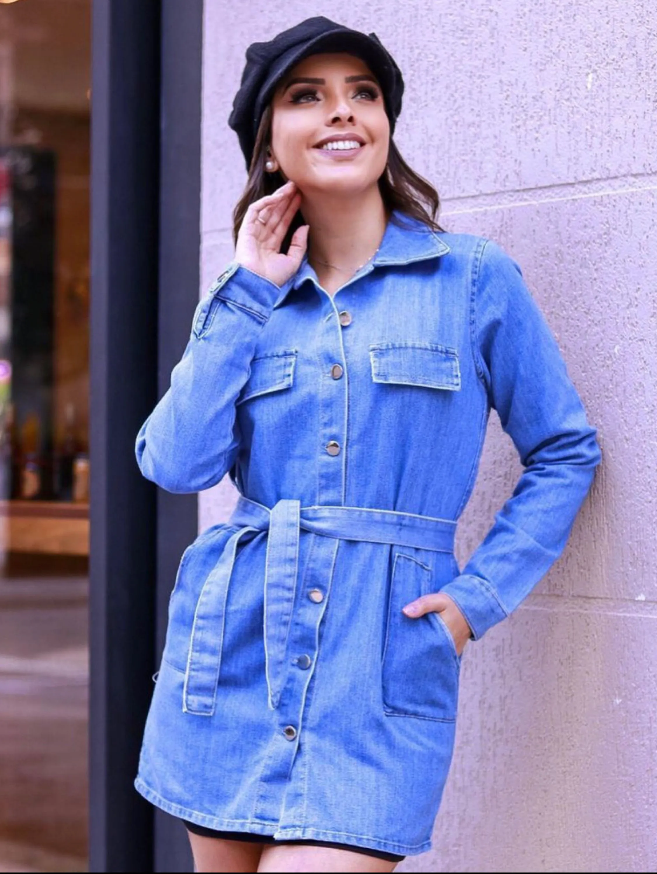 Sobretudo jeans com cinto para amarrar na cintura