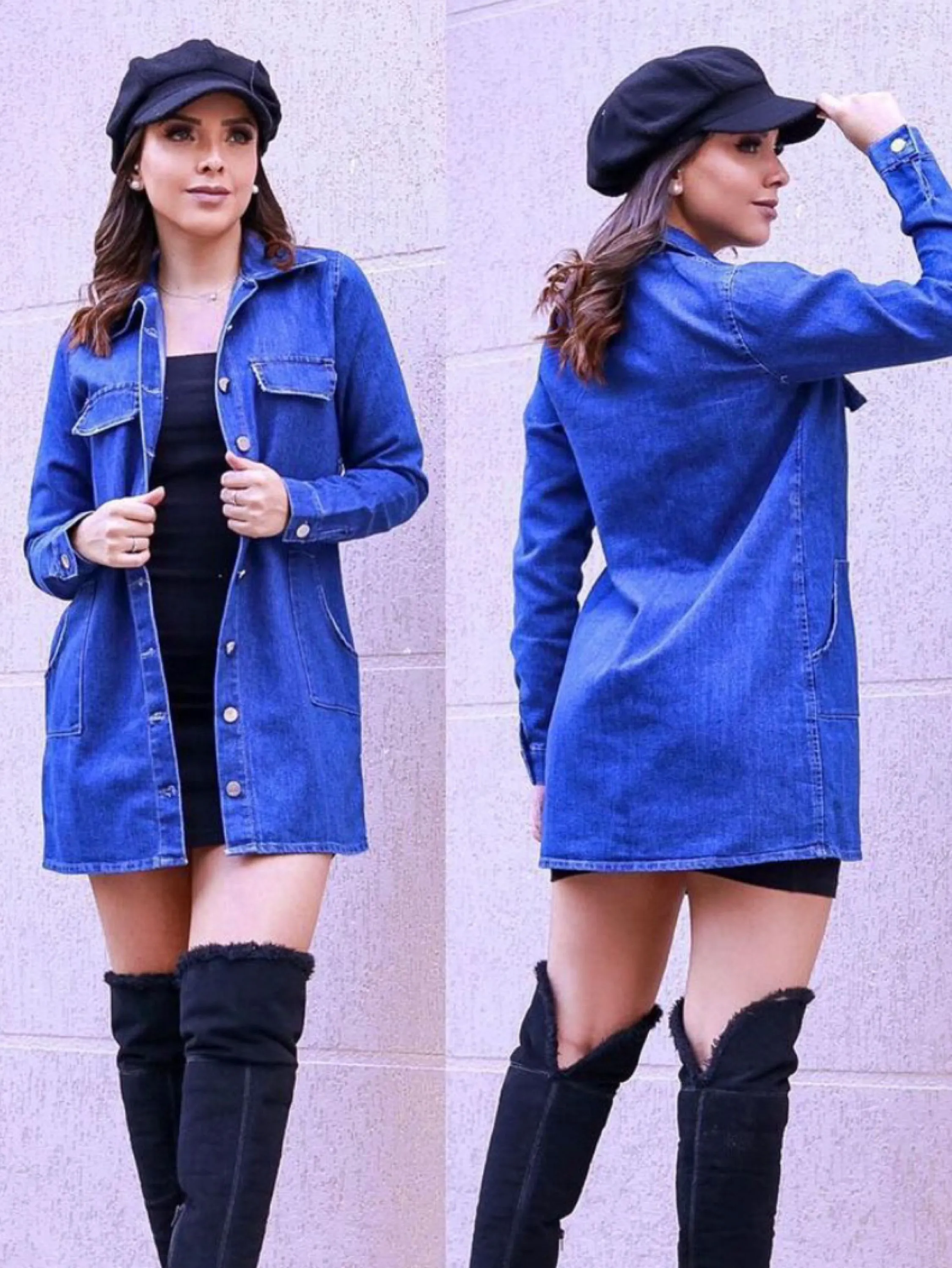 Sobretudo jeans com cinto para amarrar na cintura