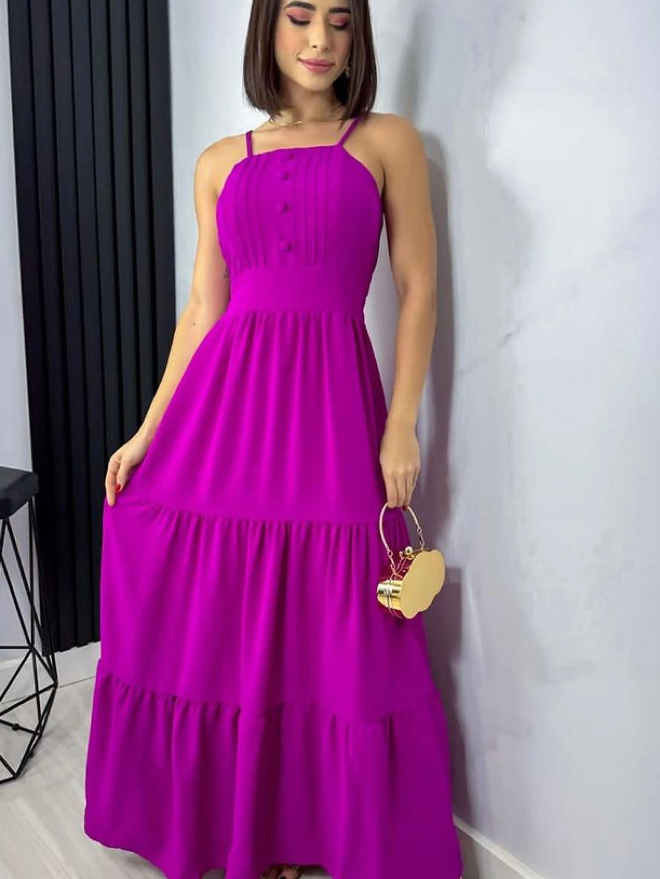 Vestido Longo Alça 3 botões Cod044