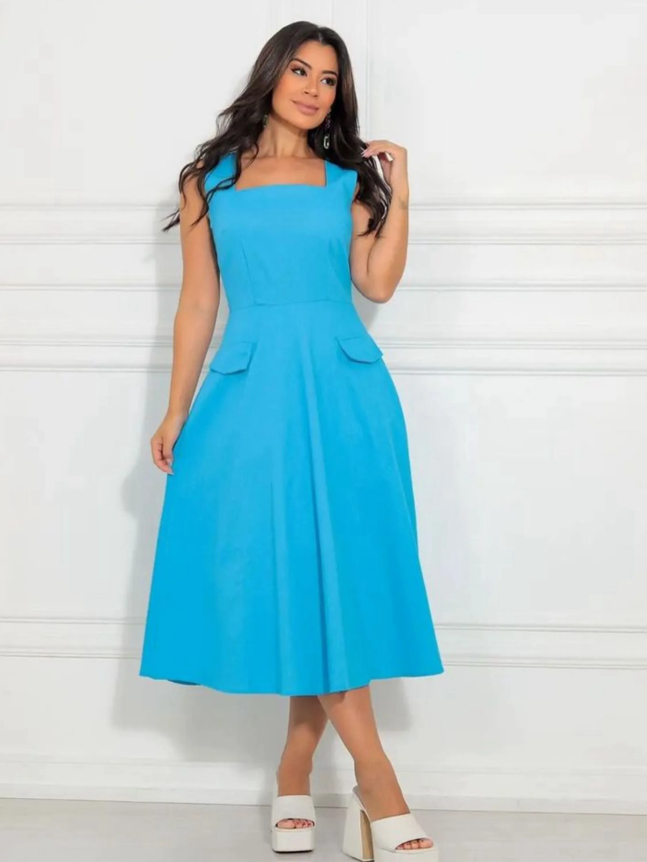 Vestido Midi Decote Quadrado Cod083