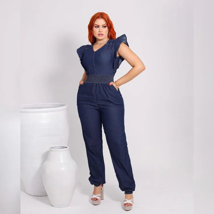 Macacão longo jeans slim com lycra (Lavagem escura)