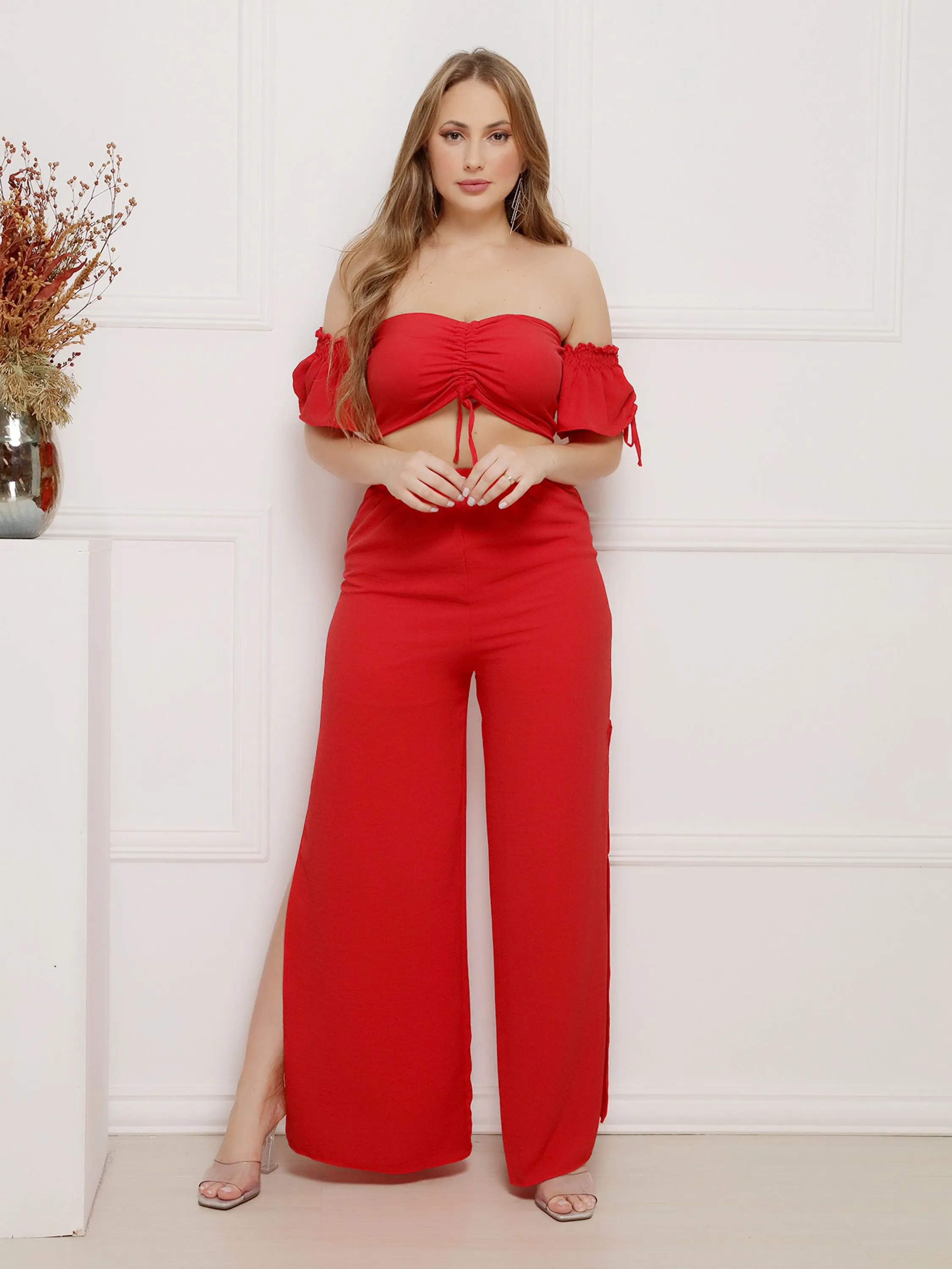 Conjunto Calça Pantalona E Cropped  Com Bojo