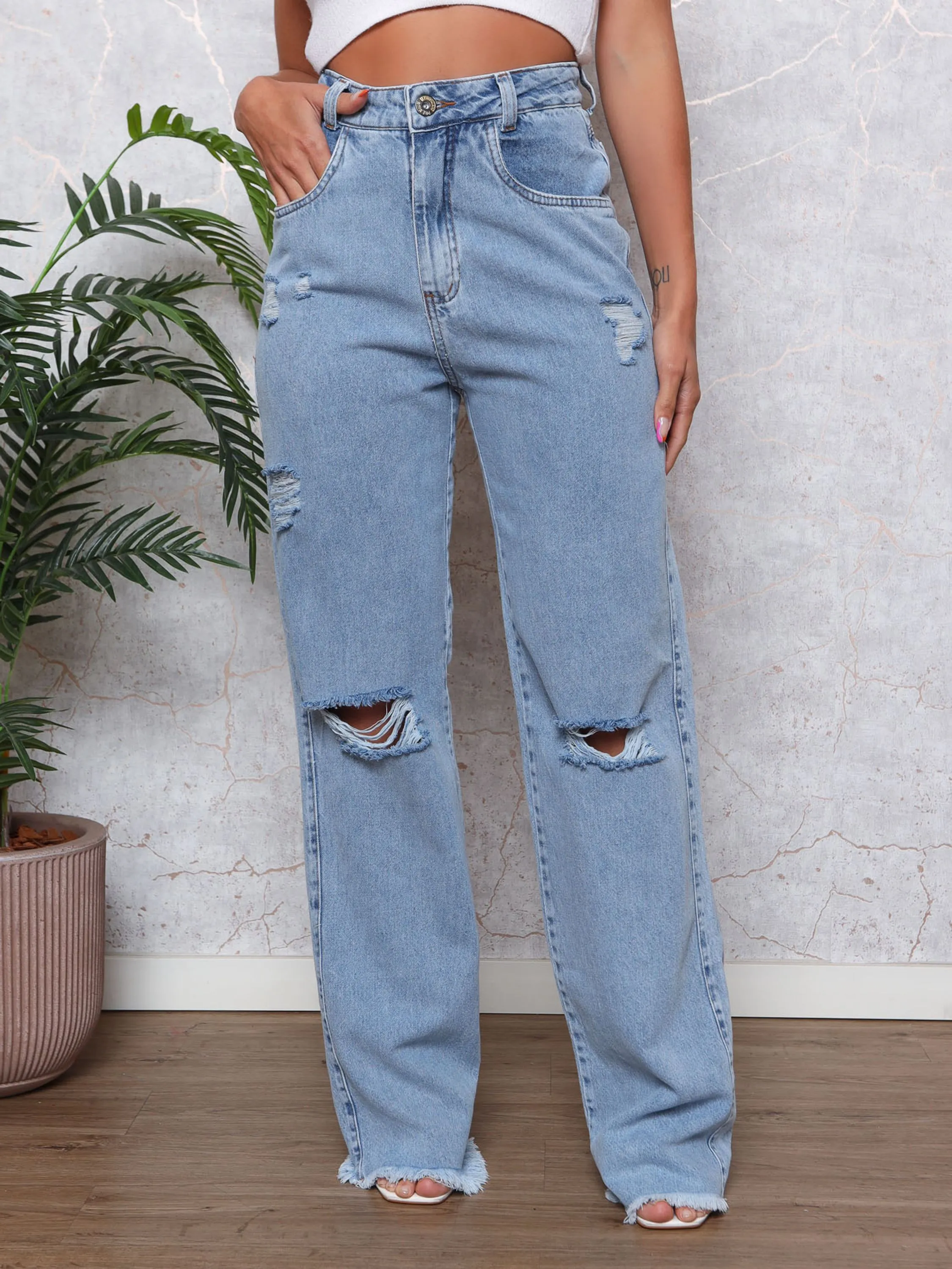 Calça Jeans Feminina Wide Leg Destroyed Rasgadoblogueiras 225