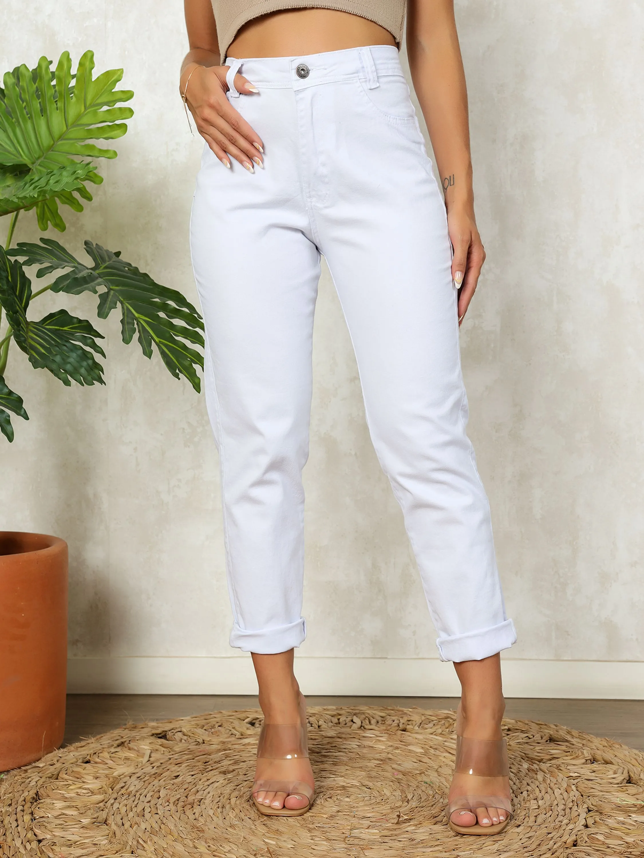 Calça Jeans Feminina Branco Mom Sarja Com Lycra