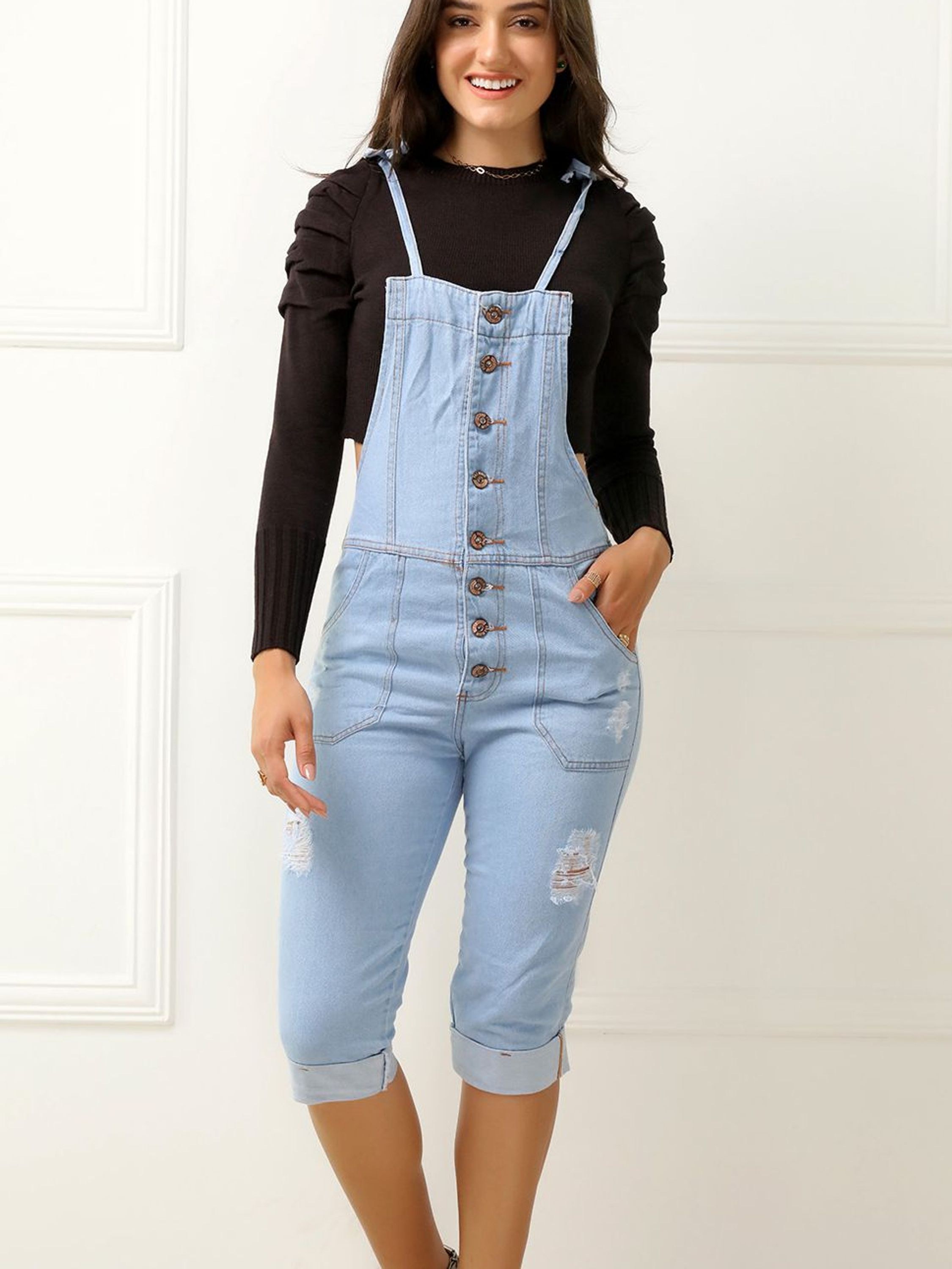 Macaquinho Jeans Jardineira Macaçao Bermuda Feminina