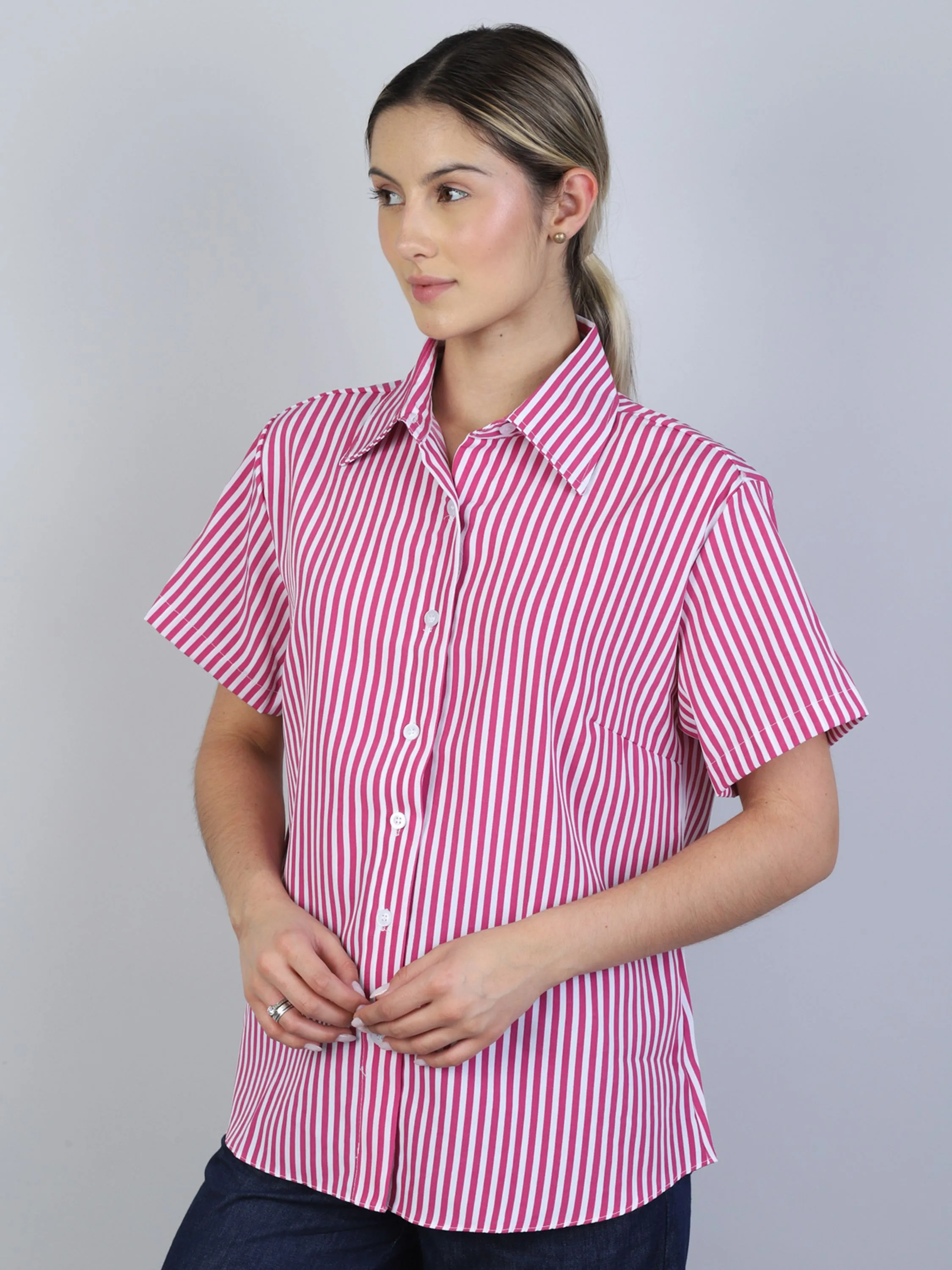 Camisa  Listrada manga curta Feminina Moda Tecido Tactel