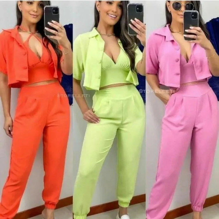 Conjunto 3 peças calça croped e blusa de botão