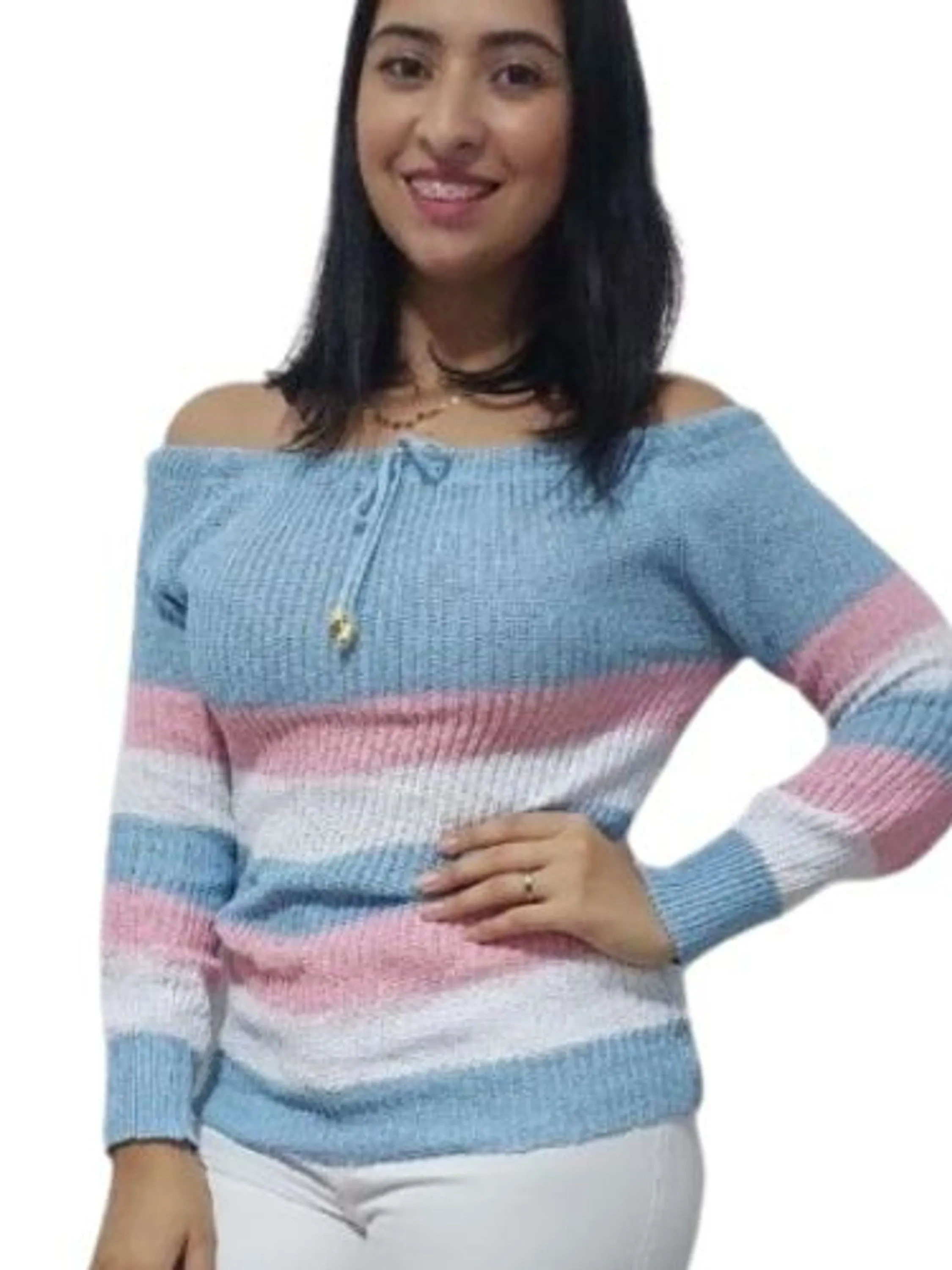 Blusa Ciganinha Tricot Detalhe Cordão Manga Longa