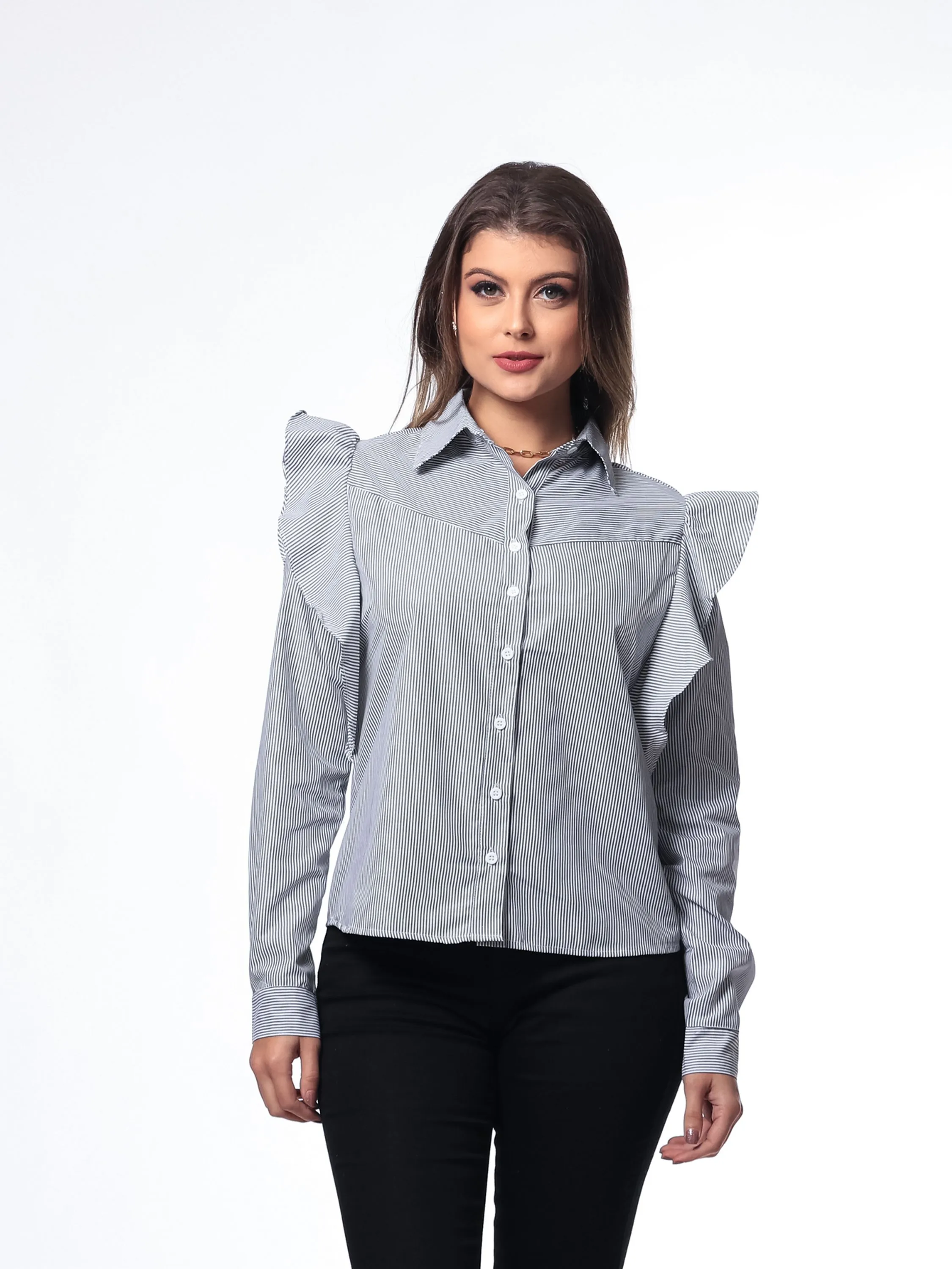 Camisa Blusa Feminina Listrada Social Com Colarinho