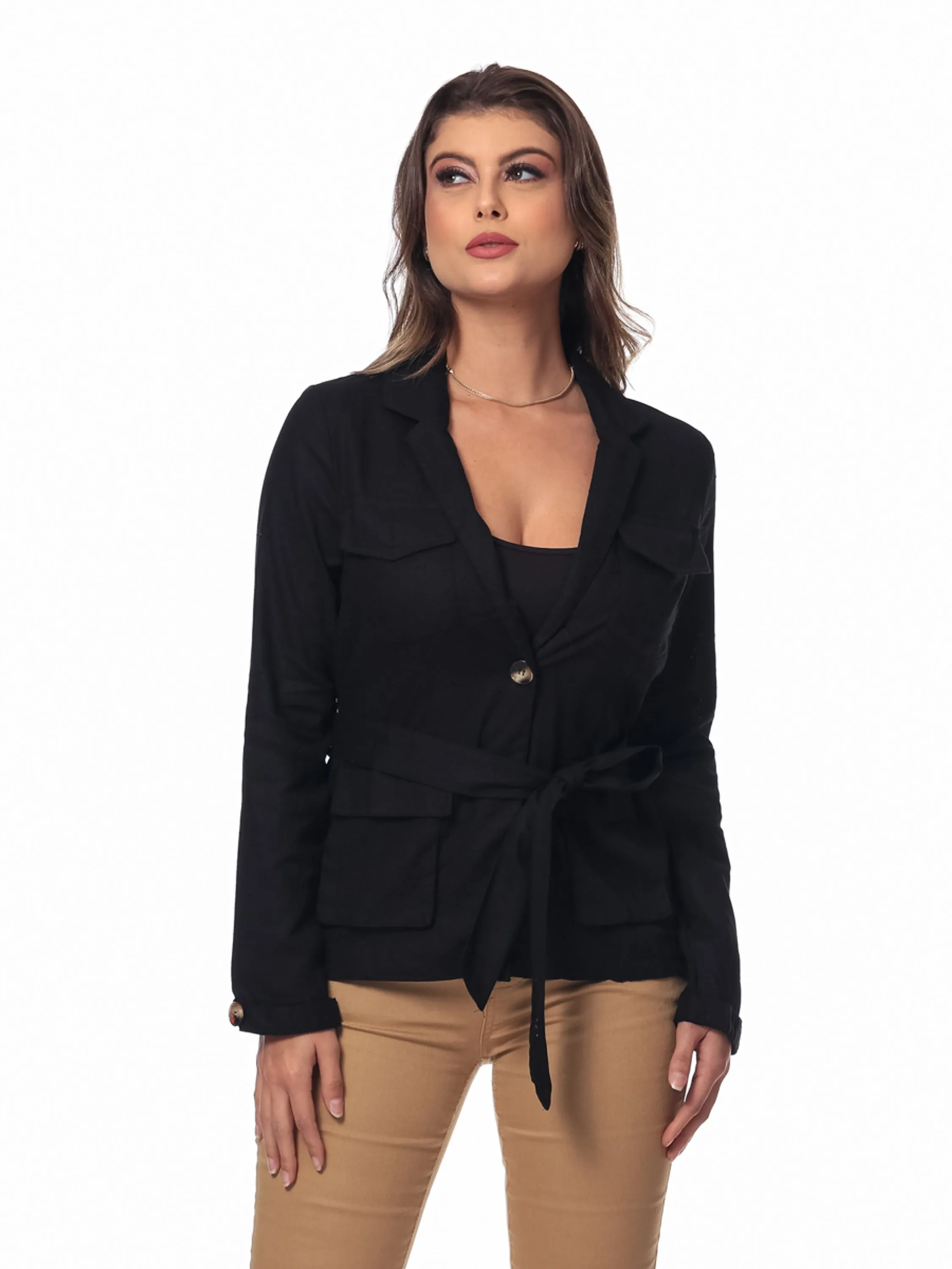 Blazer Com Cordão De Ajuste Feminino Com Cinto