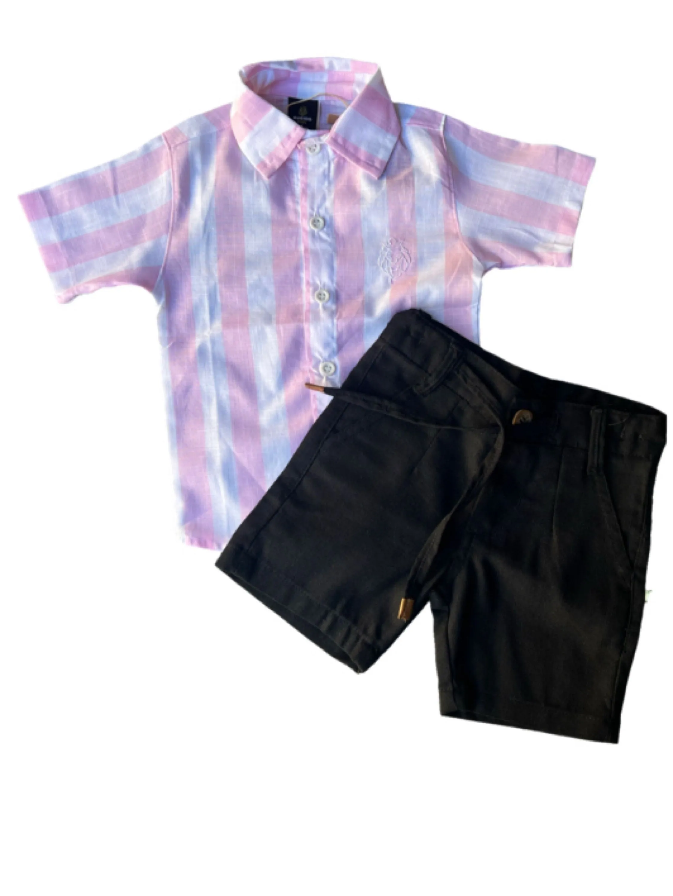 Combo Camisa Linho Rosa Listrada e Bermuda Linho Preto