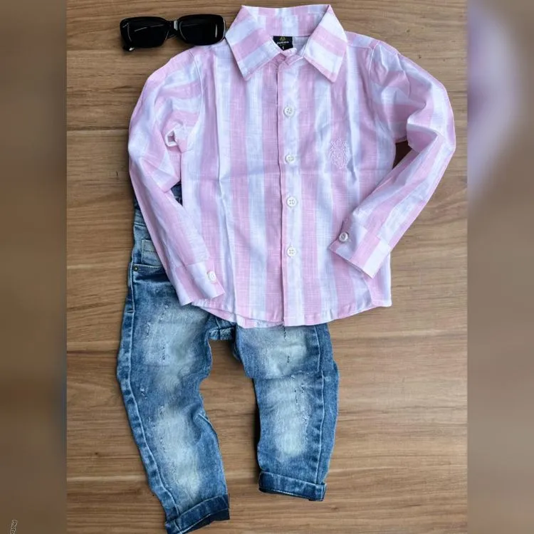 Conjunto Social Manga Longa e Calça Jeans Infantil Menino