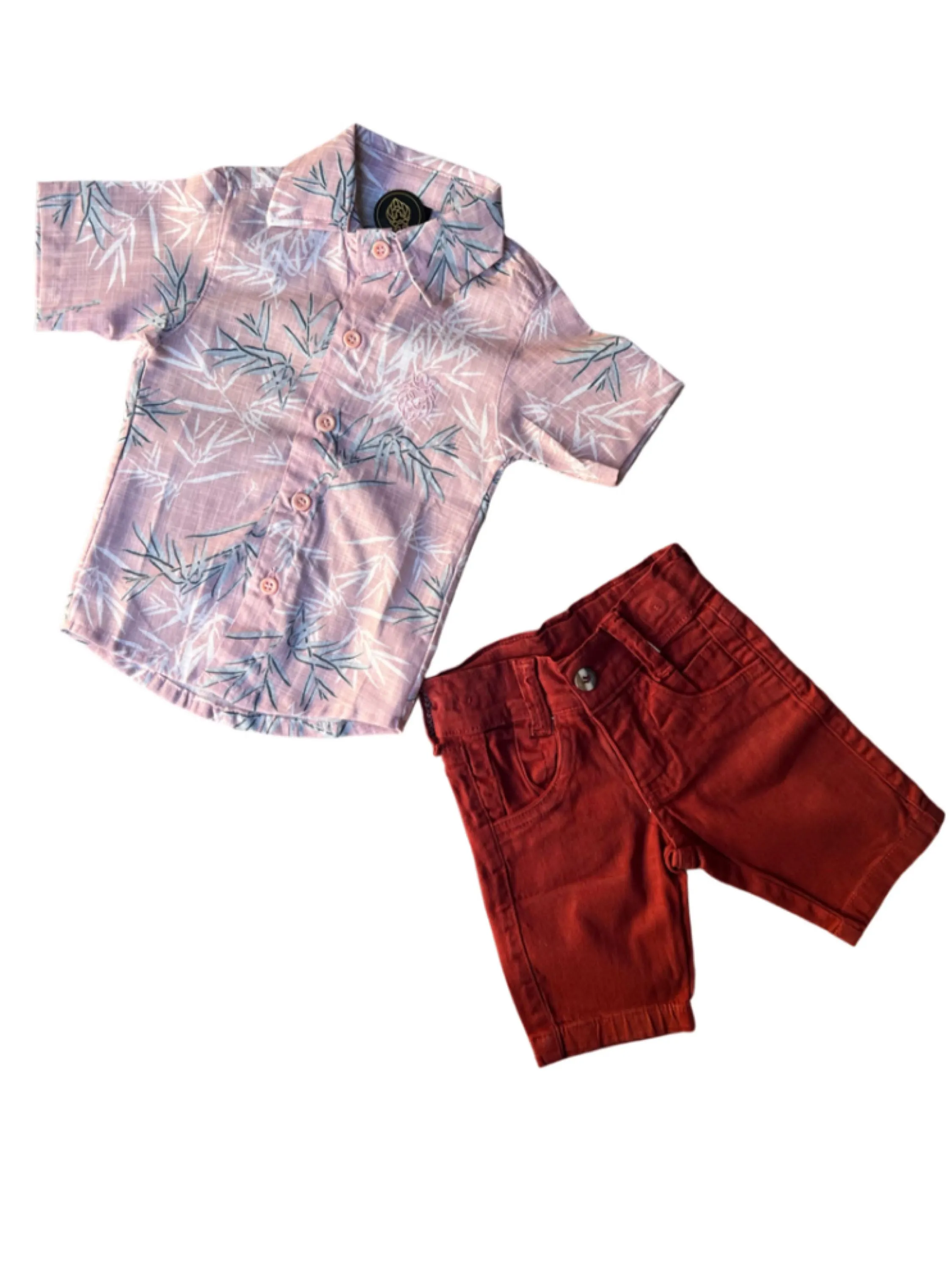 Combo Camisa Folhas Rose e Bermuda Bordô