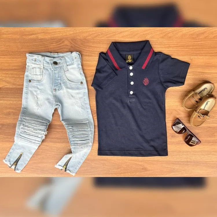 Conjunto Calça Jeans e Polo Infantil Menino Acmpanha Óculos