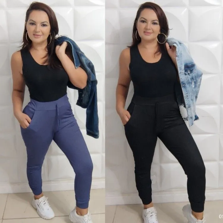 Calça jogger com bolso cós alto em viscolycra