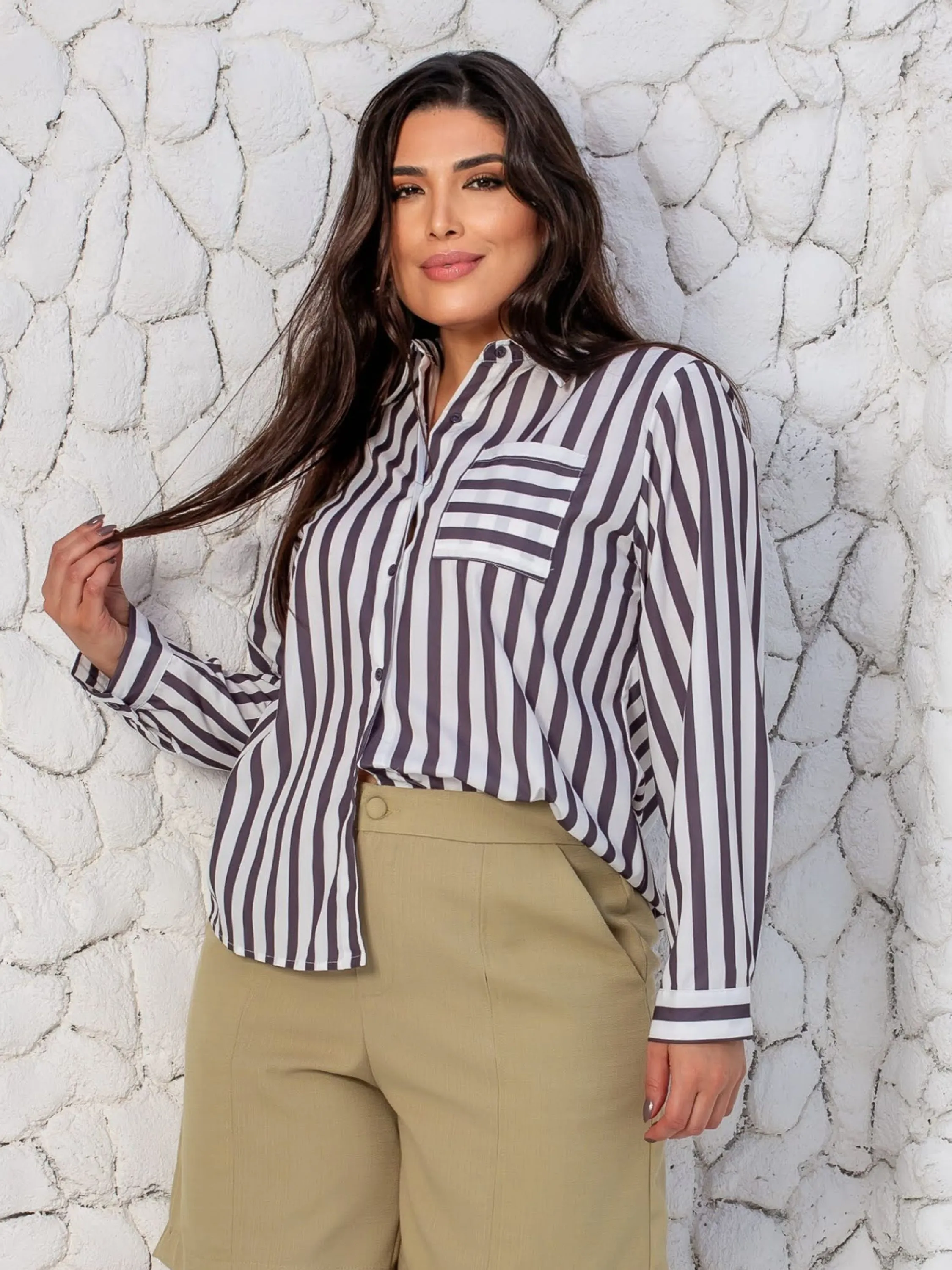 Camisa Listrada Plus Size  Feminina Premium - PL723