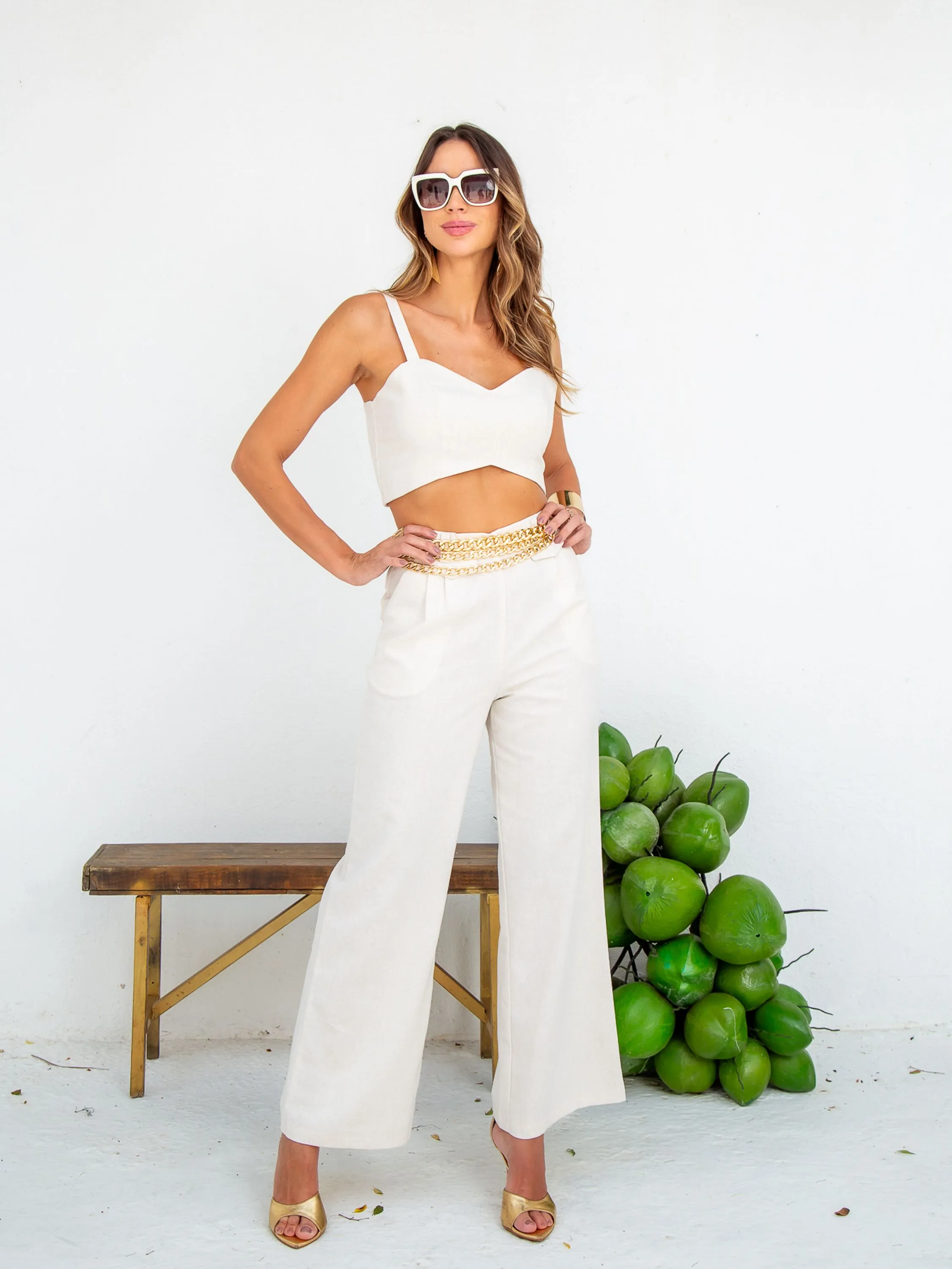 CONJUNTO TOP CROPPED E CALÇA PANTALONA EM LINHO ELEGANTE  - PY713