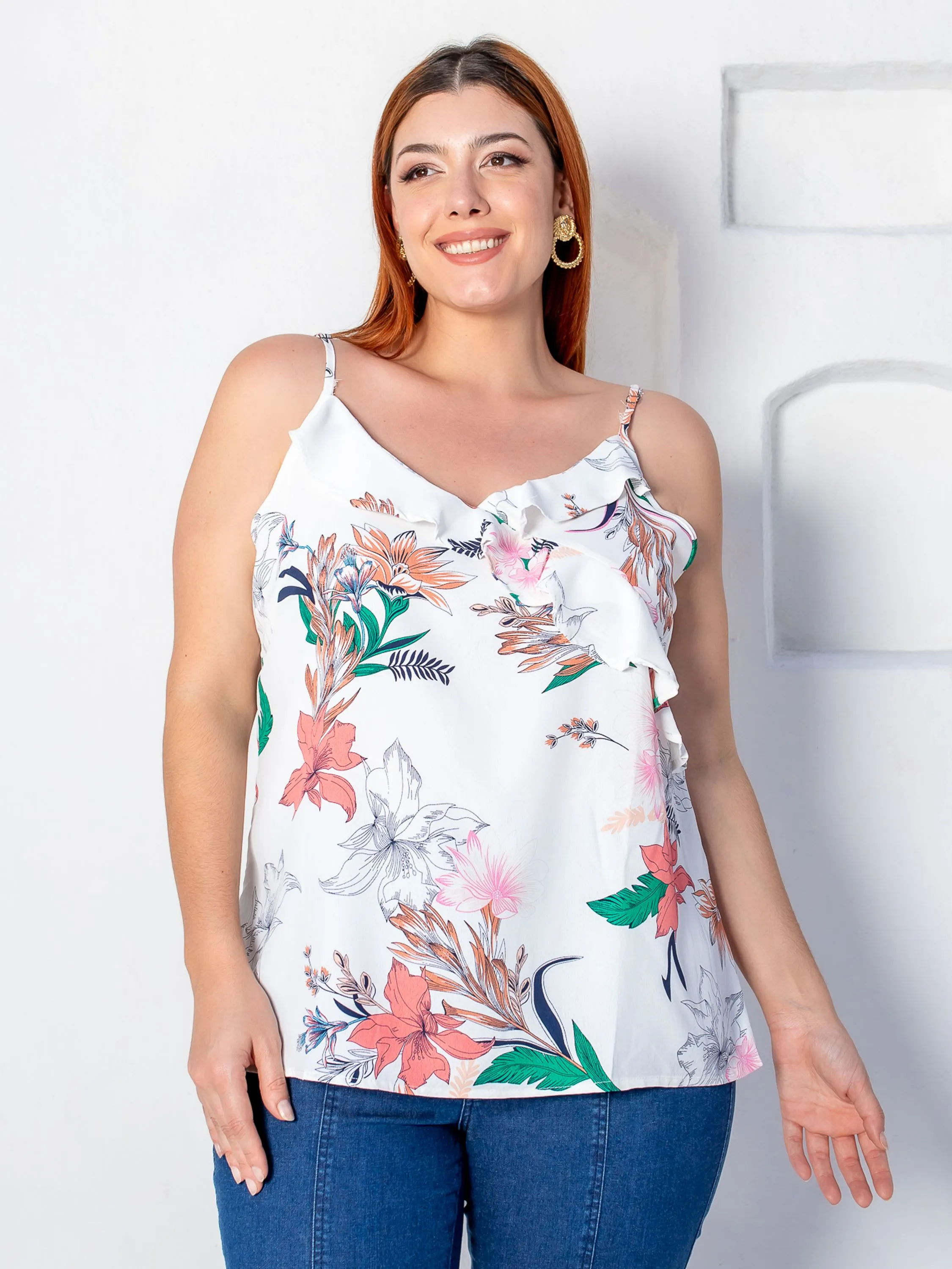 SML FASHION Regata Alcinha Crepe Estampada com Alça Regulável e Babados Plus Size- PL162