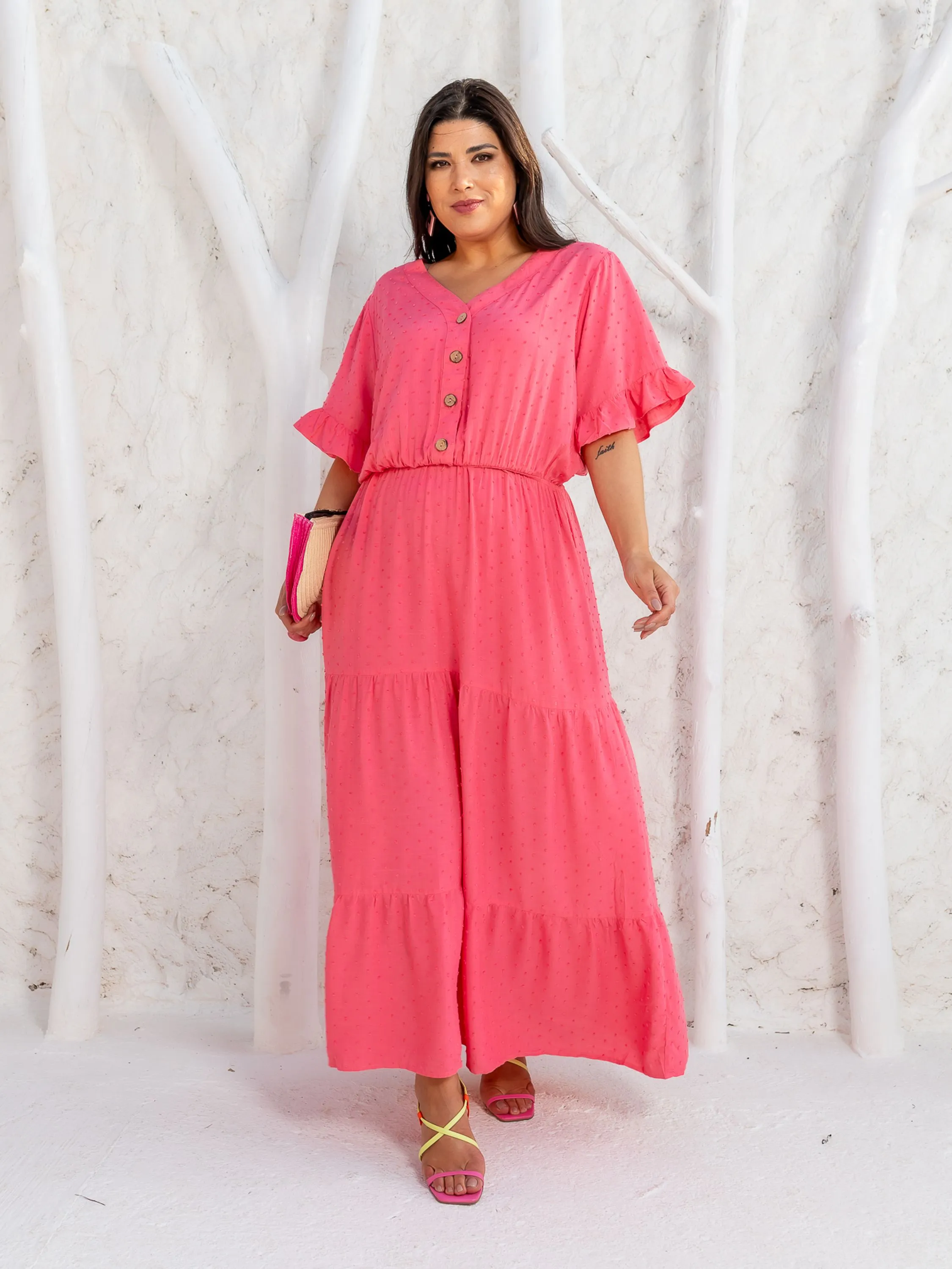 SML FASHION VESTIDO LONGO PLUS SIZE EM VISCOLINHO COM BOTÕES DE MANGA CURTA - PL204