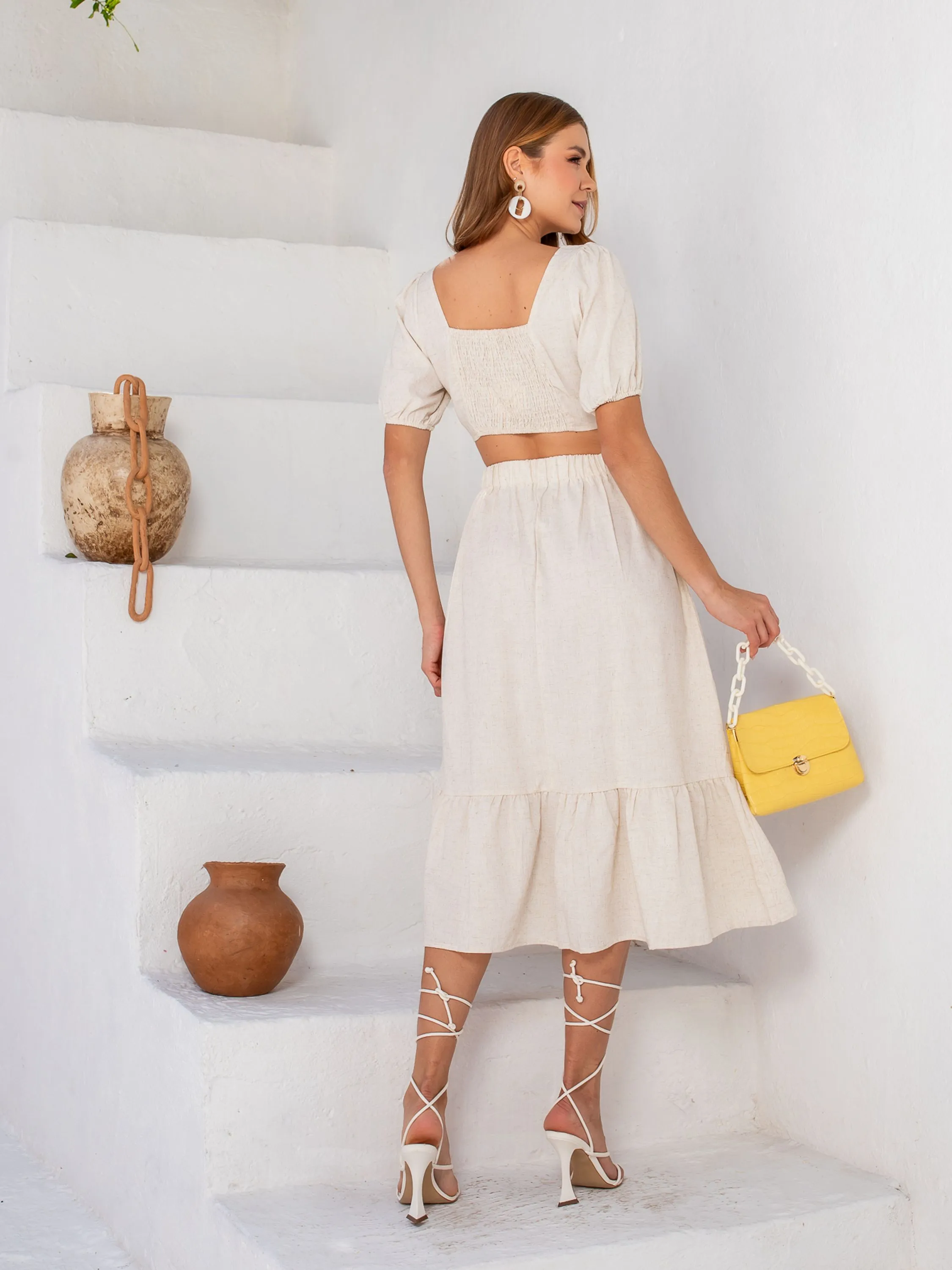 SML FASHION CONJUNTO LINHO SAIA MIDI E BLUSA MANGA BUFANTE SML FASHION CONJUNTO LINHO SAIA MIDI E BLUSA MANGA BUFANTE