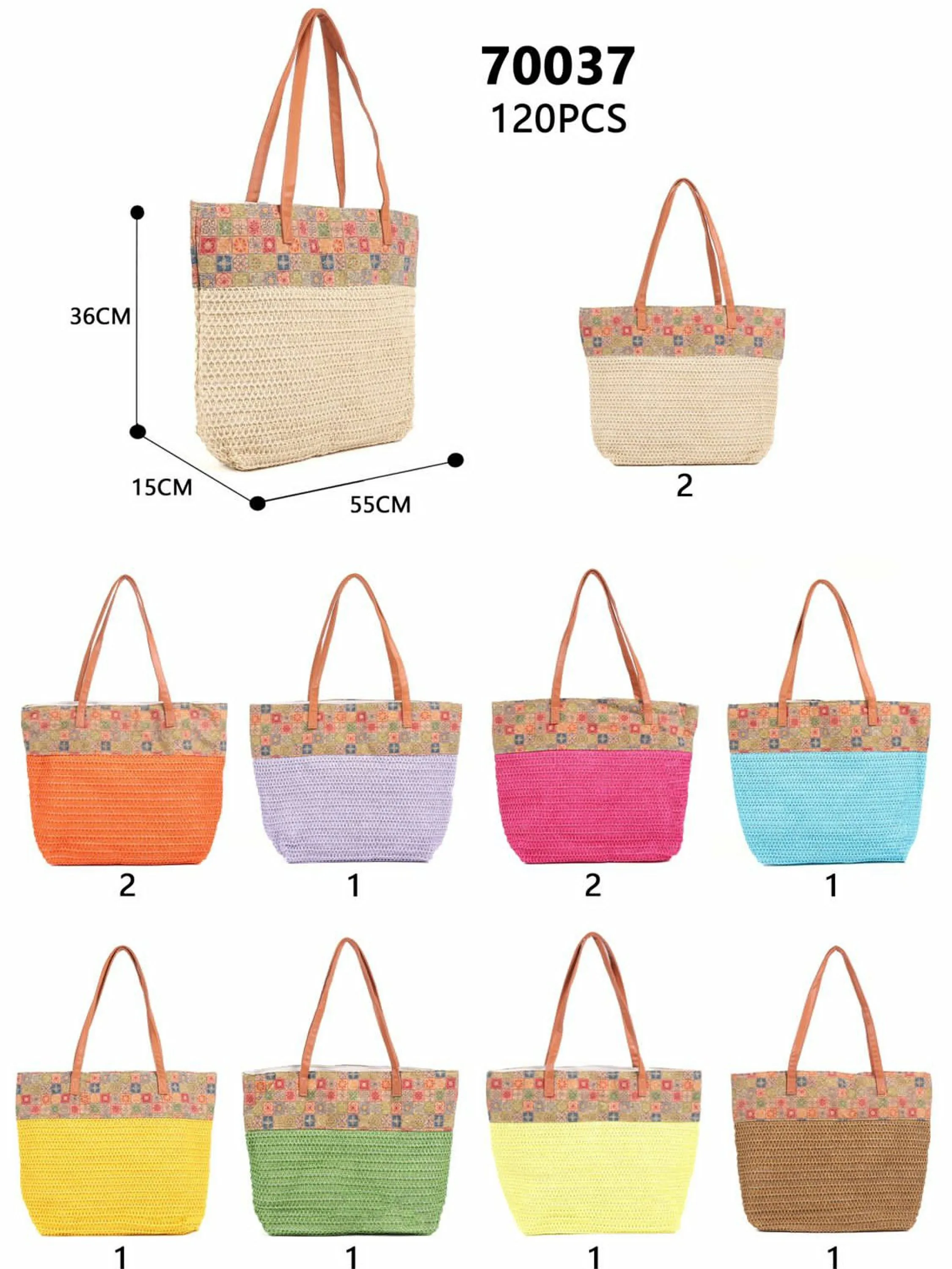 Bolsa em palha artificial com detalhe em tecido kit com 12 peças REF:70037