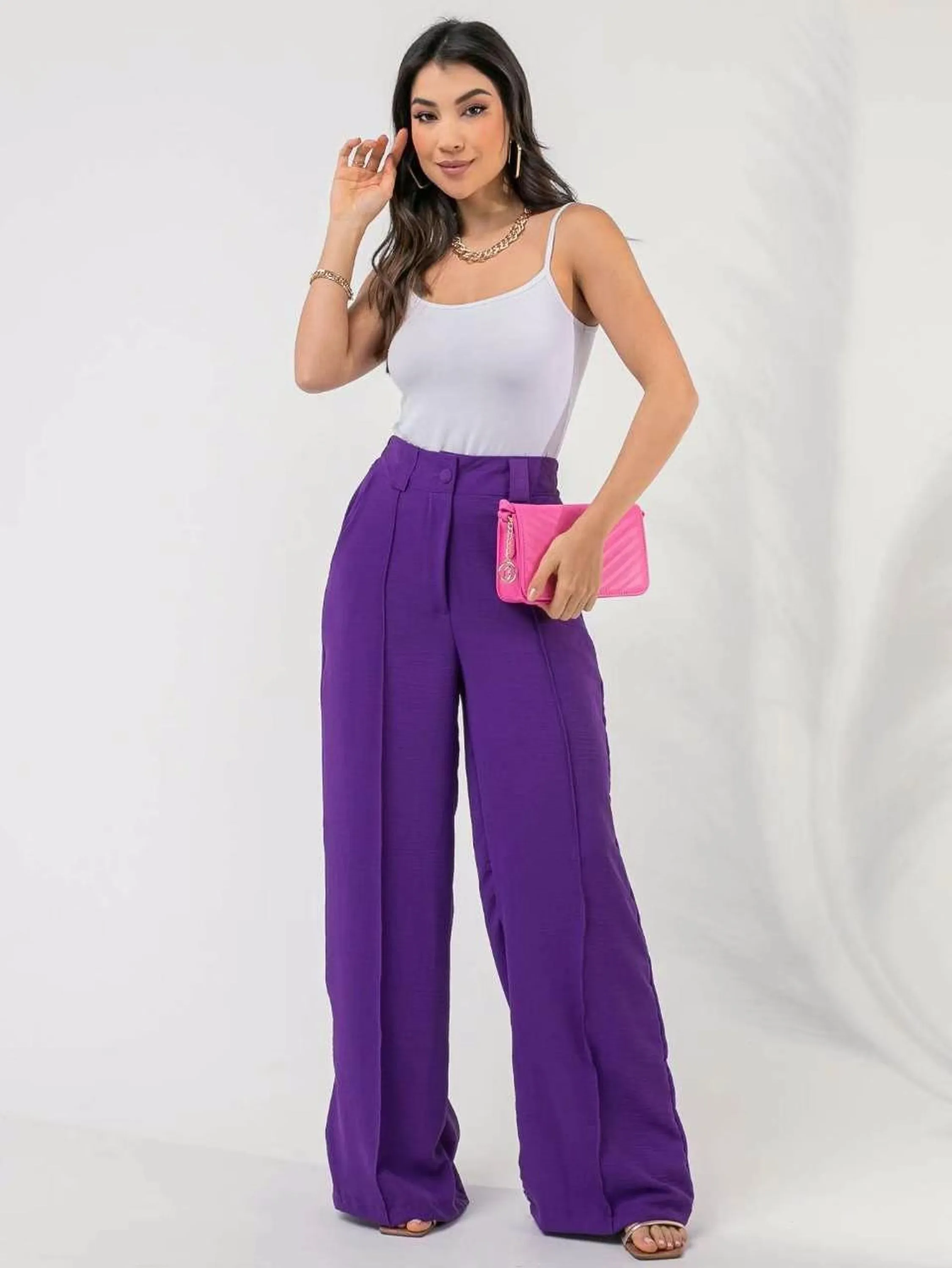 Lançamento Calça alfaiataria pantalona moda  feminina  novo duna botão forro